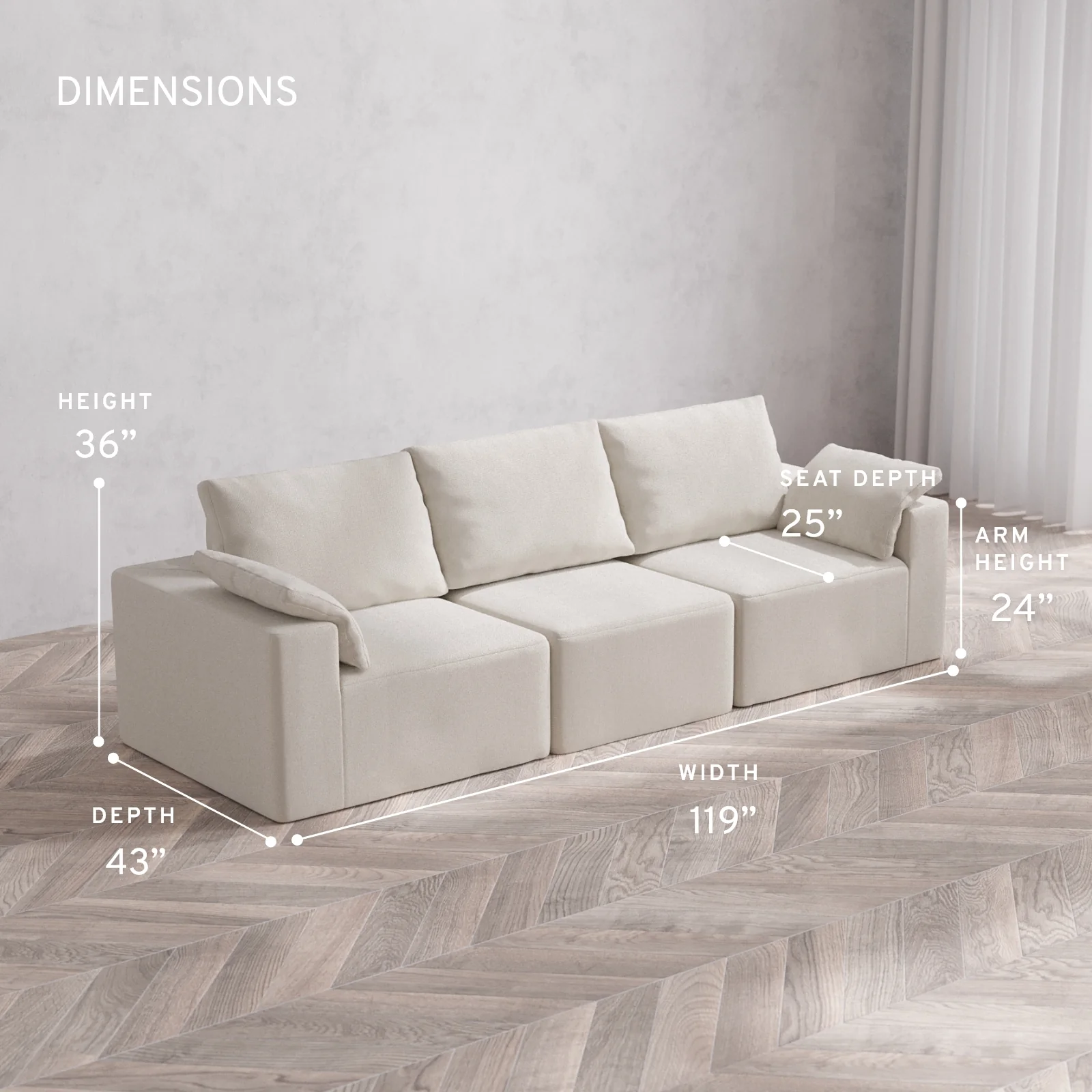 Modular Washable 3-Seater Cloud + Bolster Sofa | Lux Weave in Pearl - Image 5