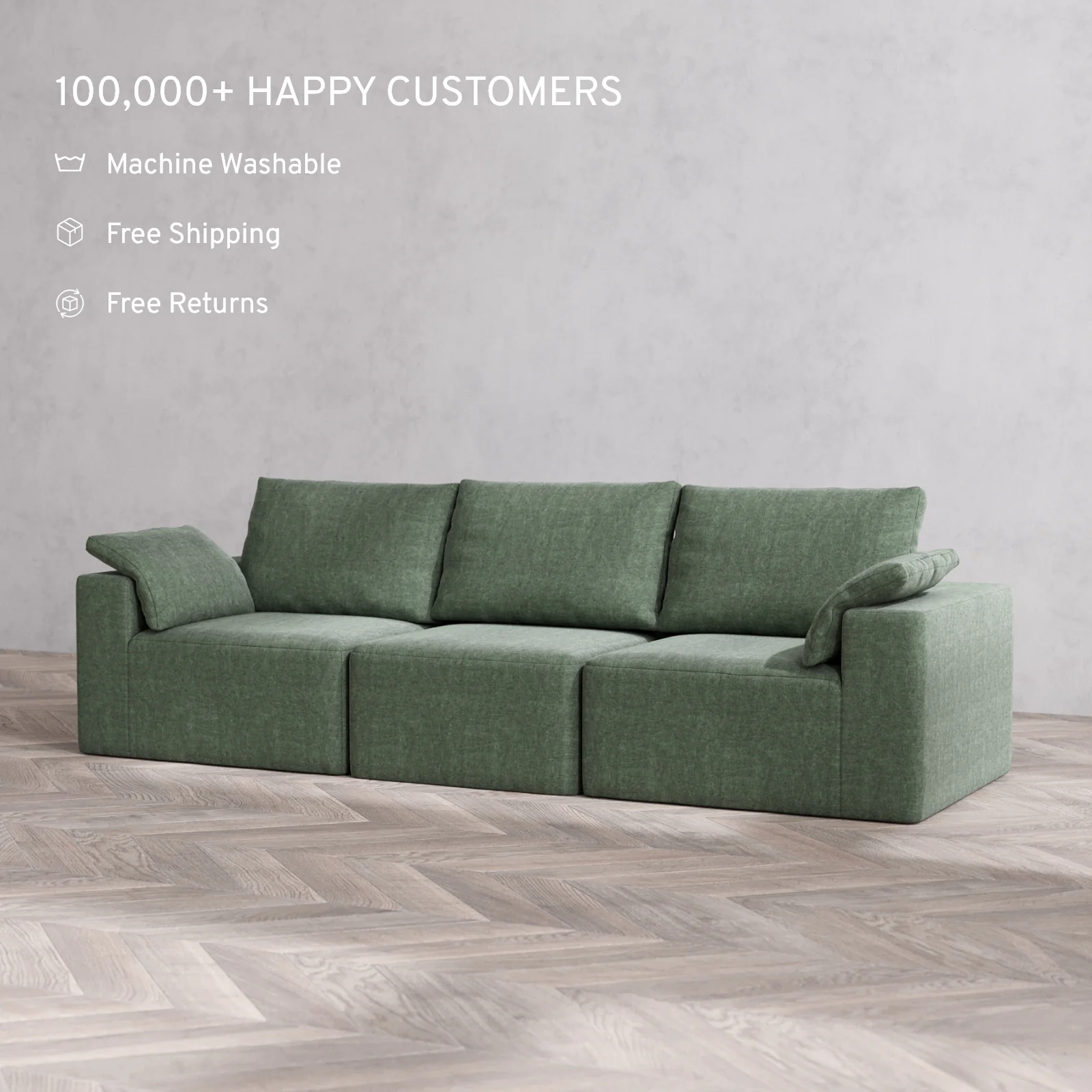 Modular Washable 3-Seater Cloud + Bolster Sofa | Heirloom Velvet in Sage - Image 2