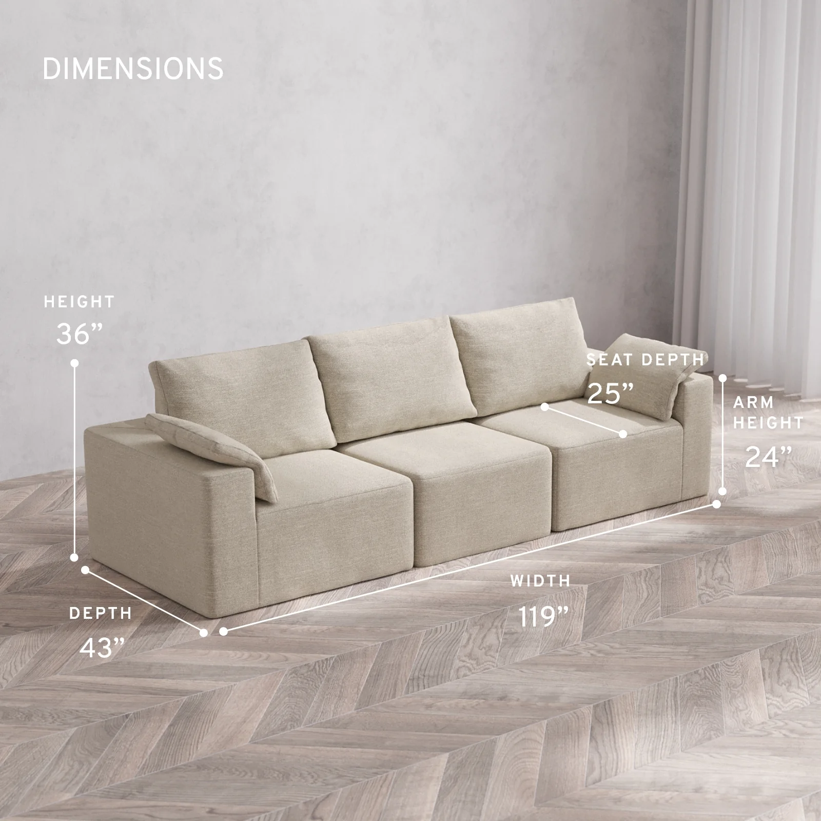 Modular Washable 3-Seater Cloud + Bolster Sofa | Plush Twill in Sandstone - Image 5