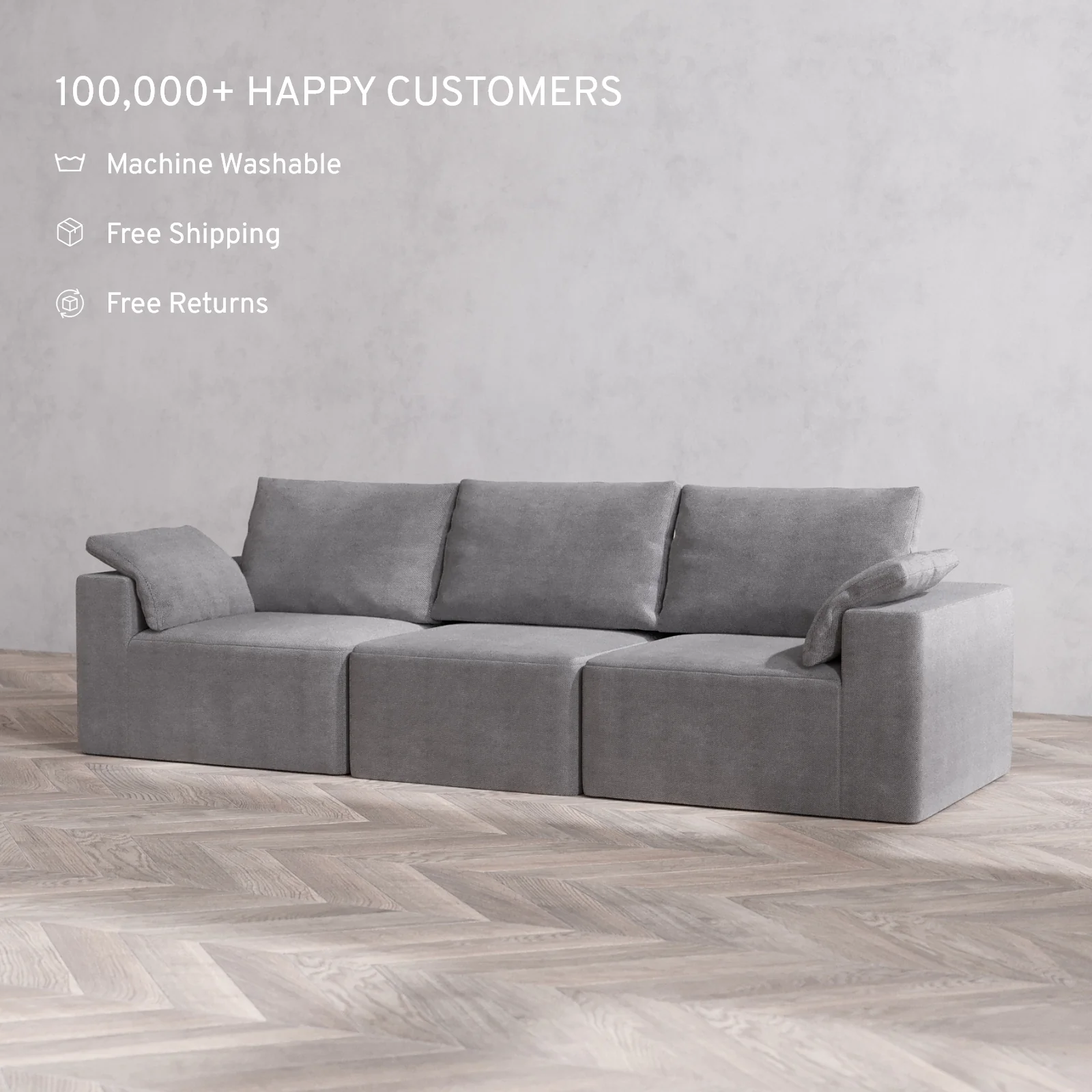 Modular Washable 3-Seater Cloud + Bolster Sofa | Lux Weave in Slate - Image 2