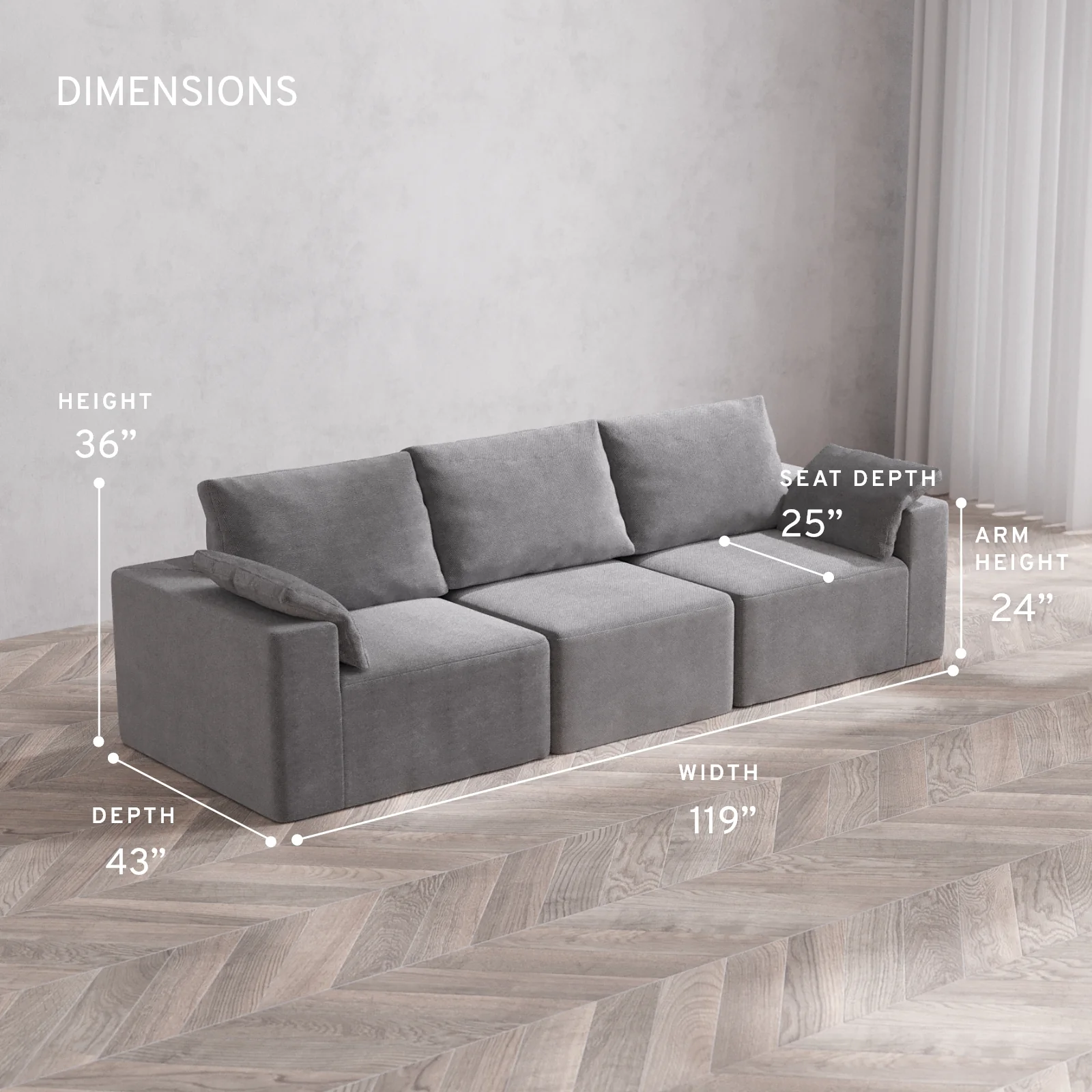 Modular Washable 3-Seater Cloud + Bolster Sofa | Lux Weave in Slate - Image 5