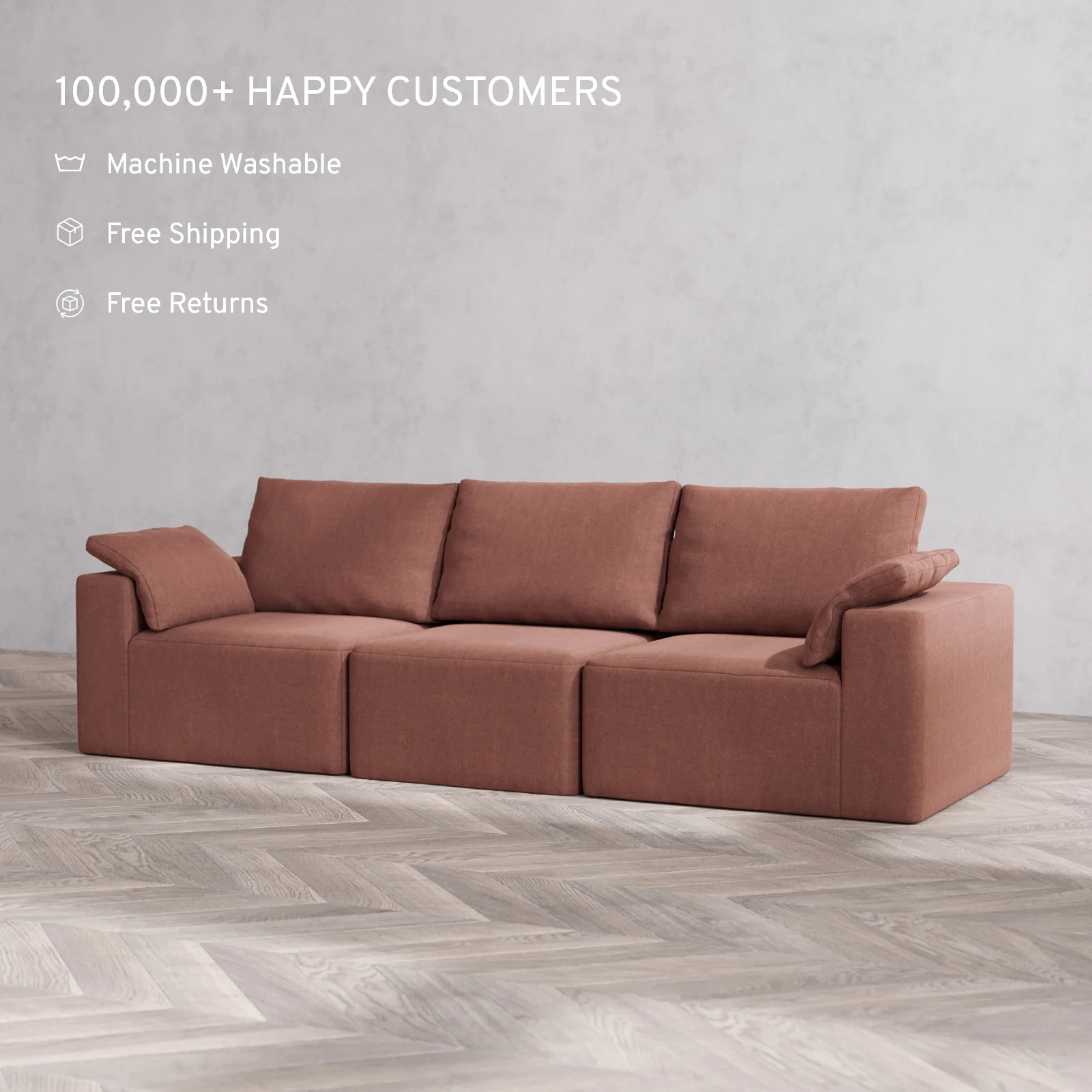 Modular Washable 3-Seater Cloud + Bolster Sofa | Heirloom Velvet in Sumac - Image 2