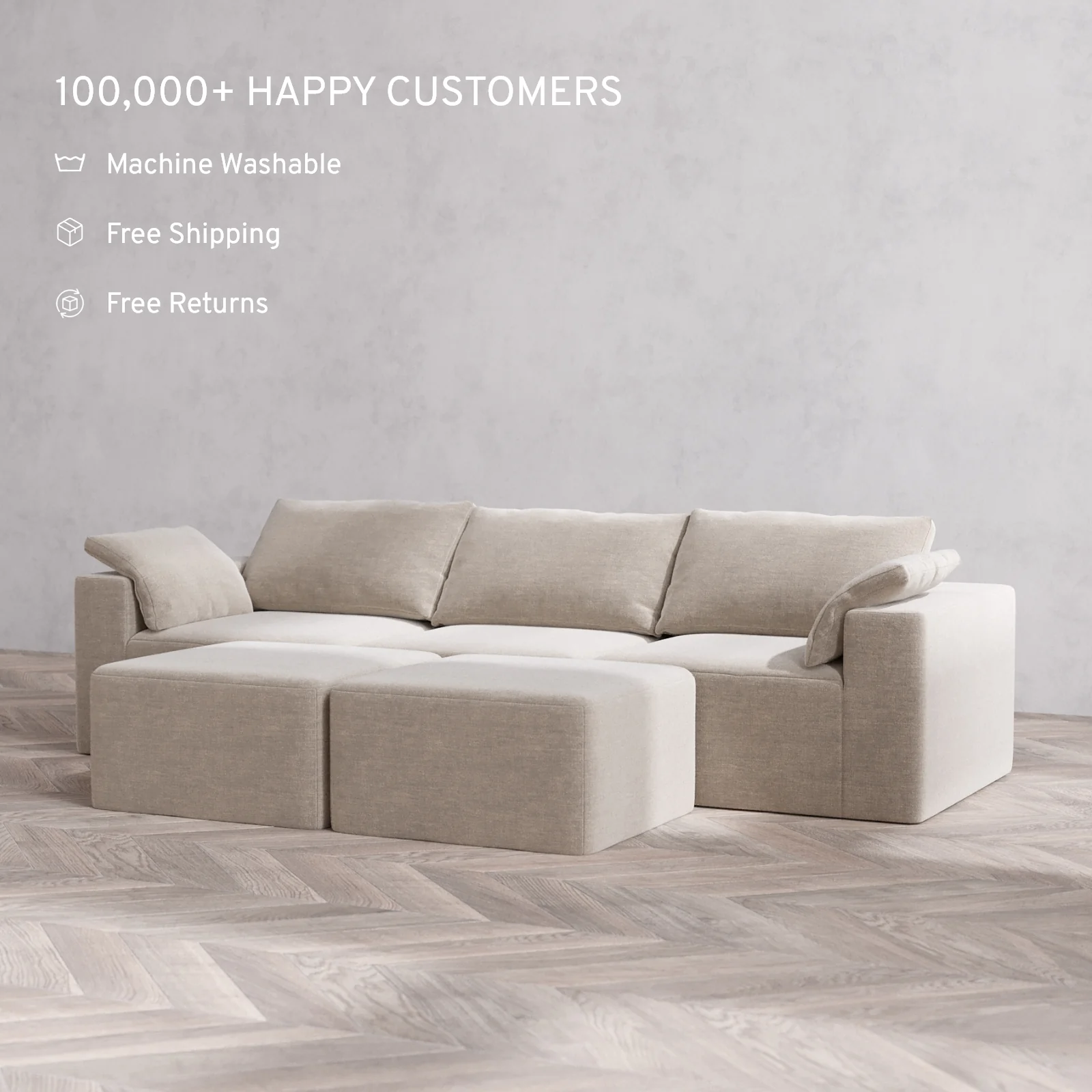 Modular Washable 3-Seater Cloud Sofa + Ottoman Bench | Satin Velvet in Caraway - Image 2