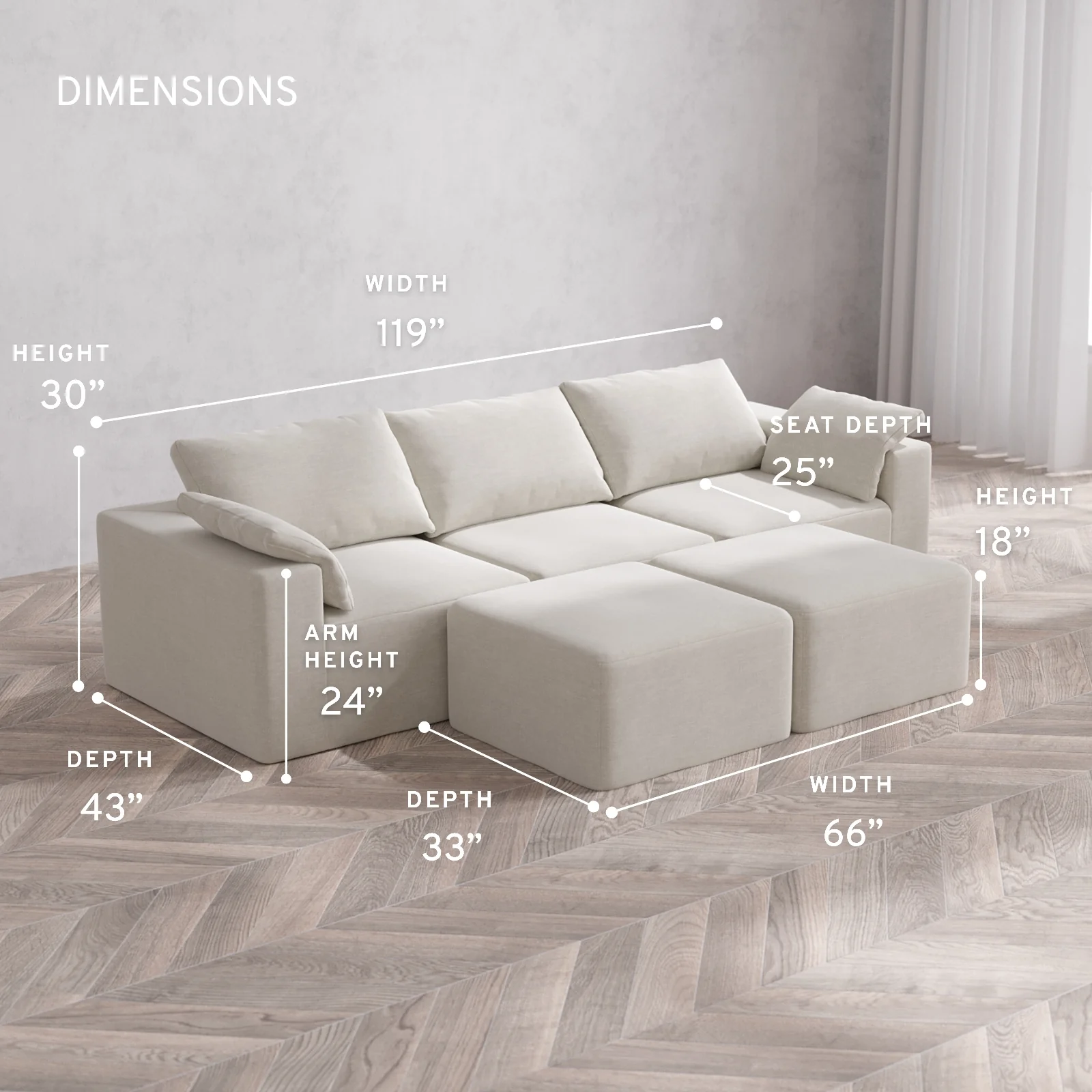 Modular Washable 3-Seater Cloud Sofa + Ottoman Bench | Satin Velvet in Cashew - Image 5