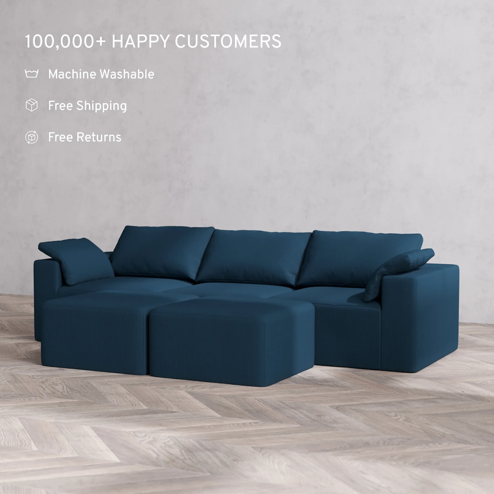 Modular Washable 3-Seater Cloud Sofa + Ottoman Bench | Arden Weave in Lazuli - Image 2