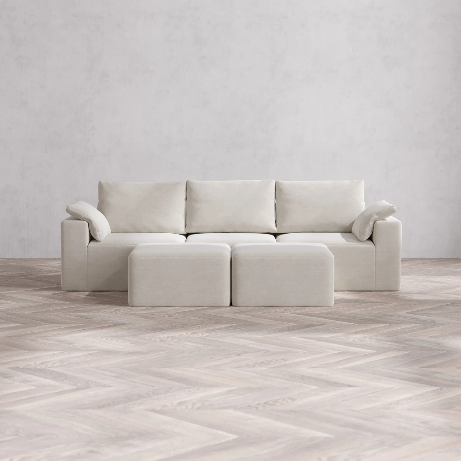 Modular Washable 3-Seater Cloud + Bolster Sofa + Ottoman Bench | Satin Velvet in Cashew
