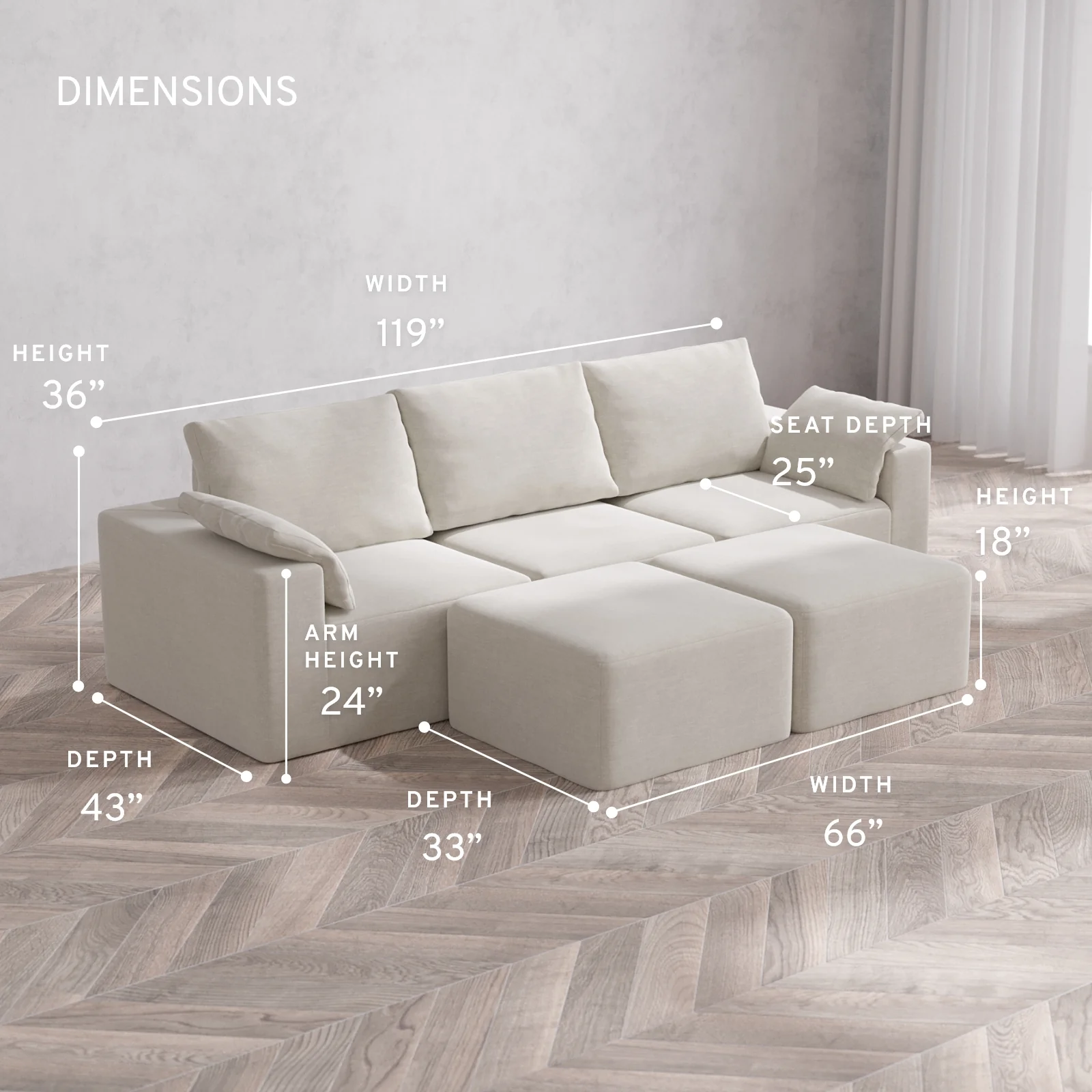 Modular Washable 3-Seater Cloud + Bolster Sofa + Ottoman Bench | Satin Velvet in Cashew - Image 5