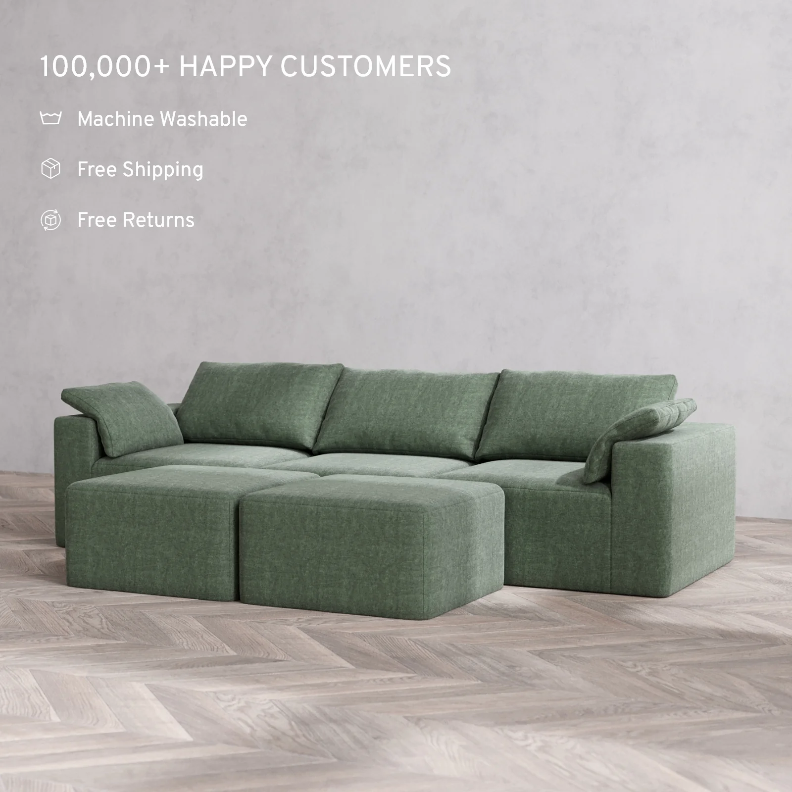Modular Washable 3-Seater Cloud Sofa + Ottoman Bench | Heirloom Velvet in Sage - Image 2