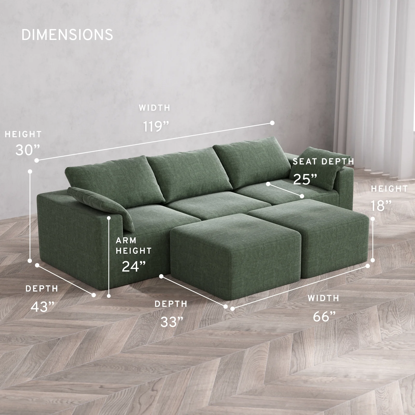 Modular Washable 3-Seater Cloud Sofa + Ottoman Bench | Heirloom Velvet in Sage - Image 5