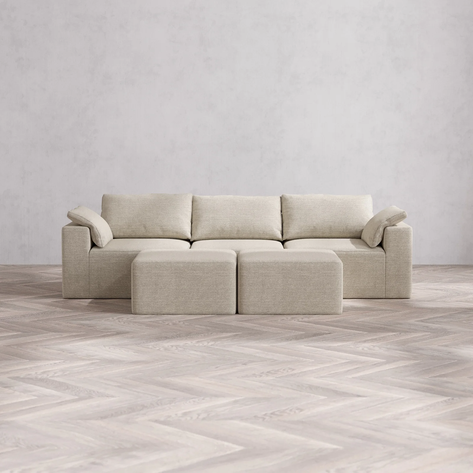 Modular Washable 3-Seater Cloud Sofa + Ottoman Bench | Plush Twill in Sandstone