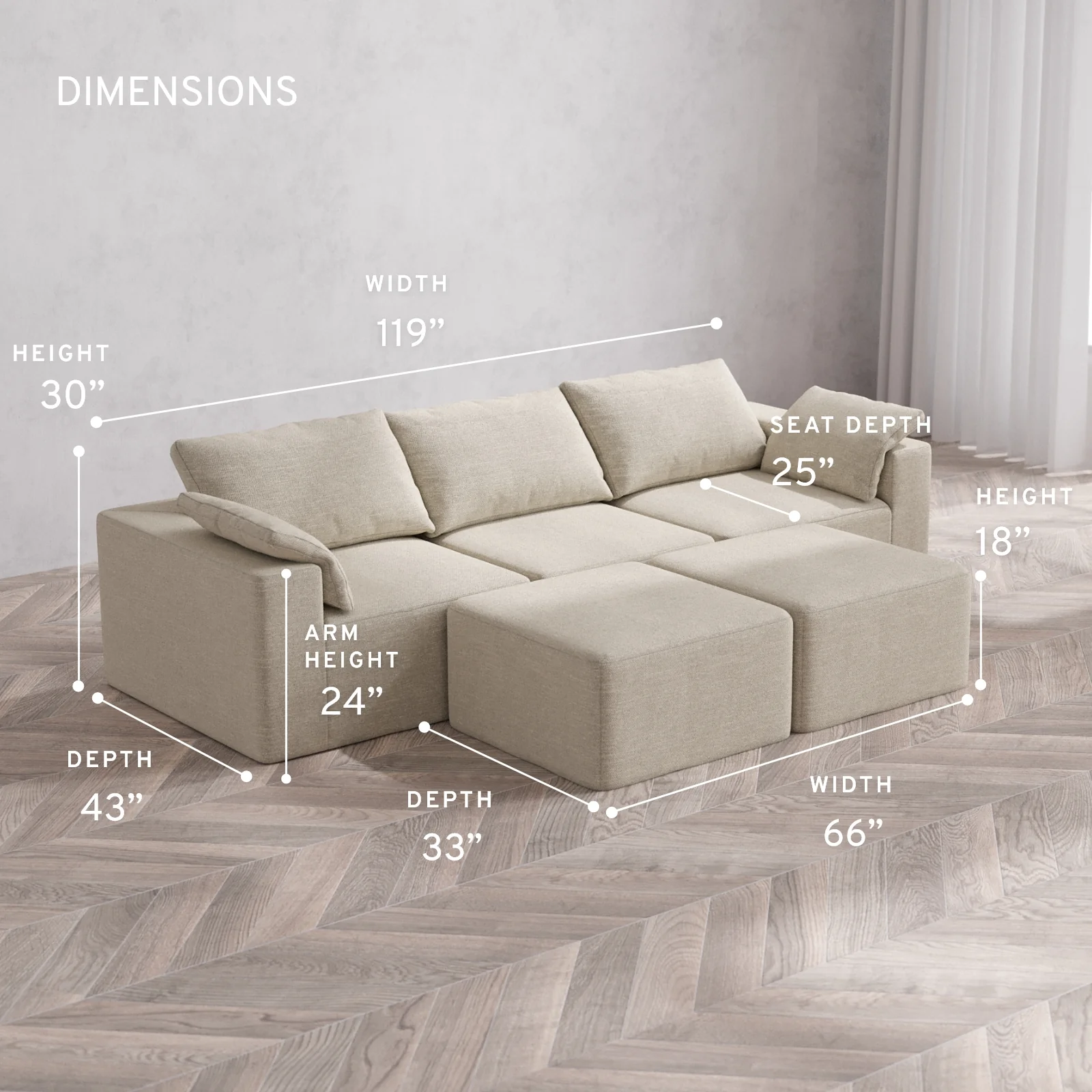 Modular Washable 3-Seater Cloud Sofa + Ottoman Bench | Plush Twill in Sandstone - Image 5