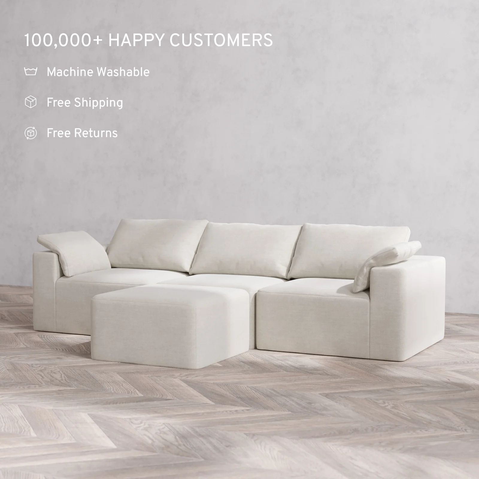 Modular Washable 3-Seater Cloud Sofa + Ottoman | Satin Velvet in Cashew - Image 2