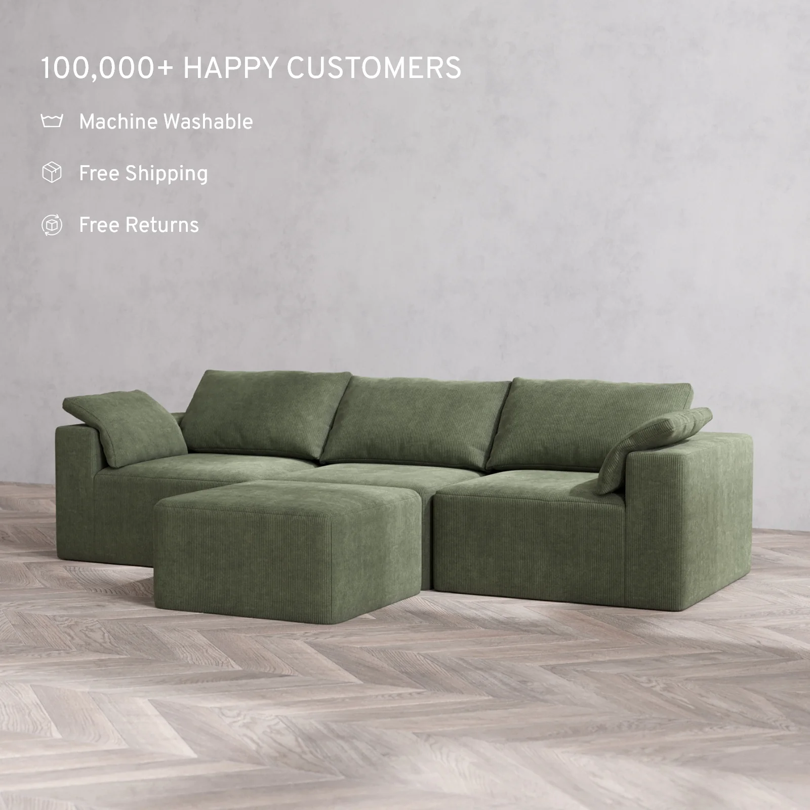 Modular Washable 3-Seater Cloud Sofa + Ottoman | Luxe Corduroy in Juniper - Image 2