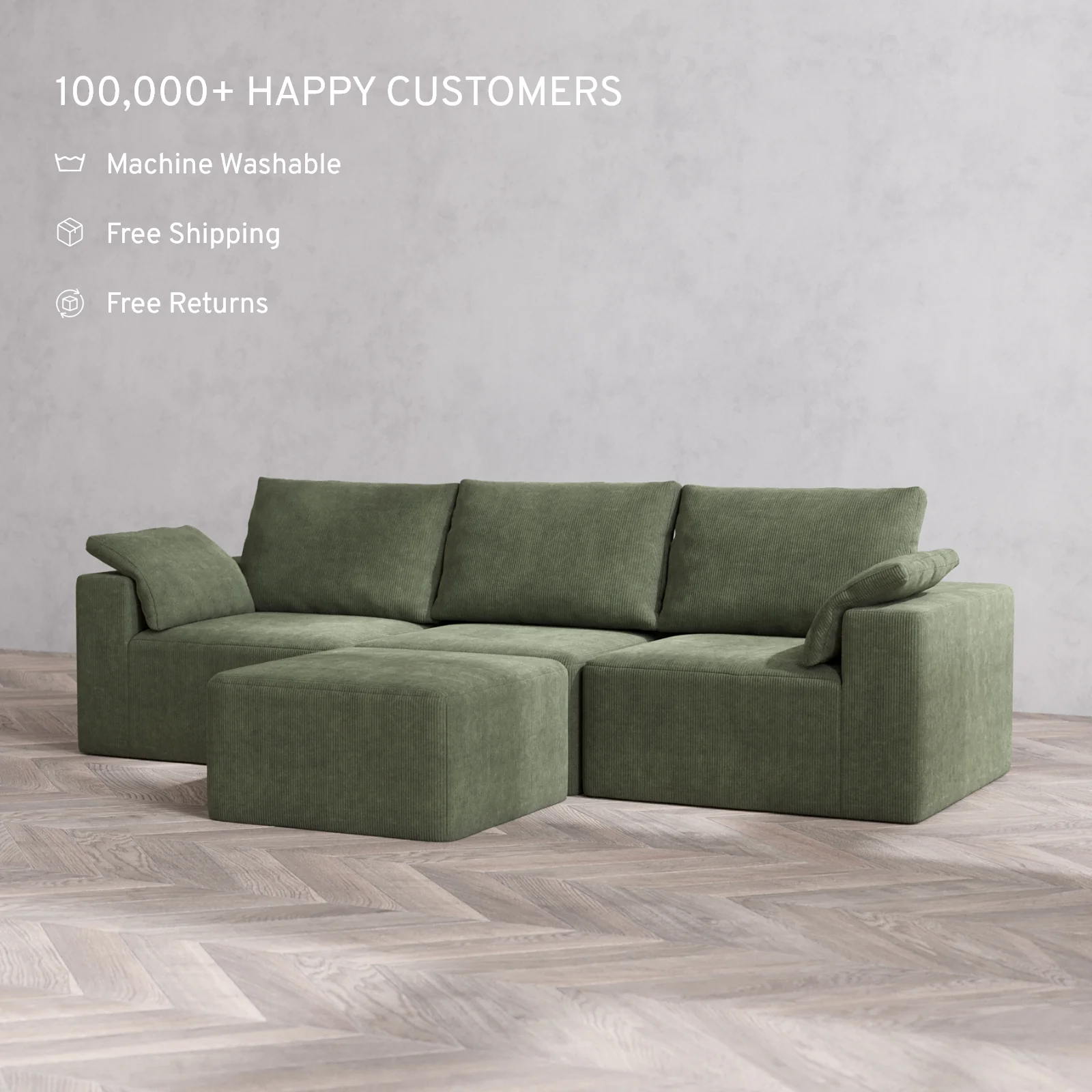 Modular Washable 3-Seater Cloud + Bolster Sofa + Ottoman | Luxe Corduroy in Juniper - Image 2