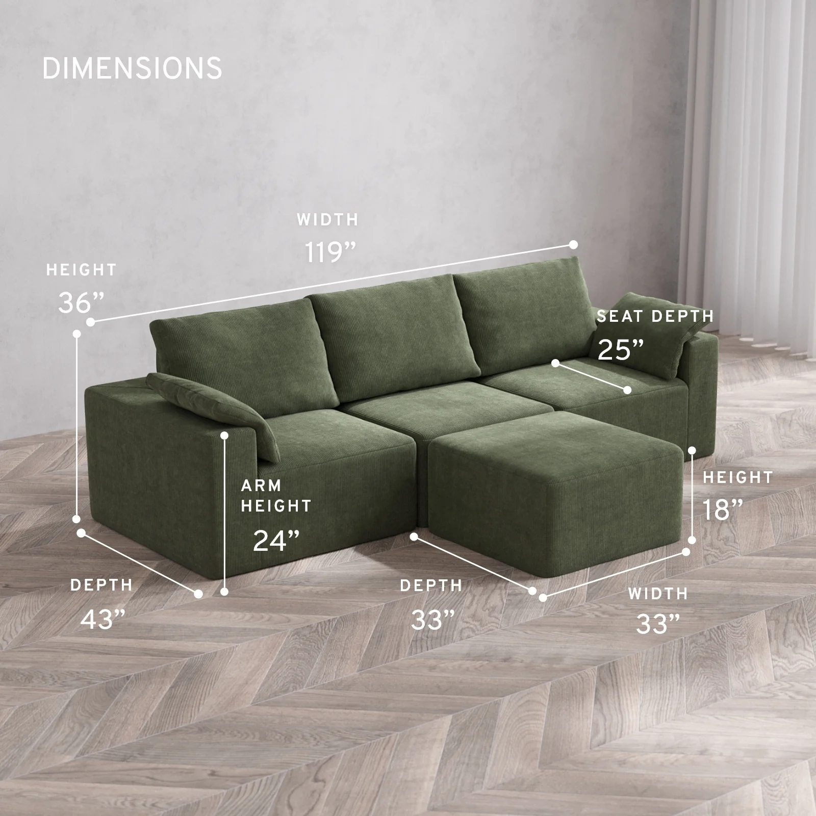 Modular Washable 3-Seater Cloud + Bolster Sofa + Ottoman | Luxe Corduroy in Juniper - Image 5
