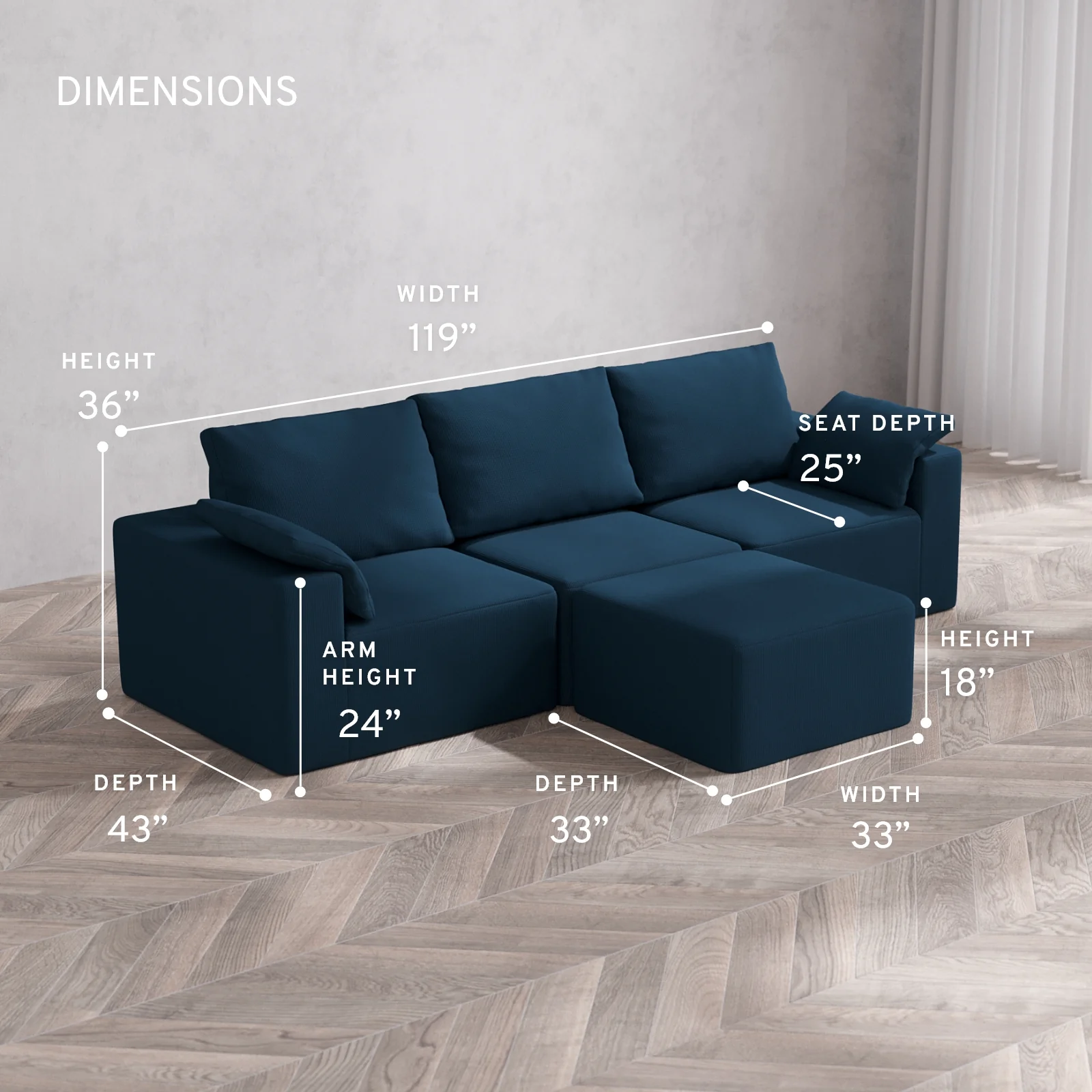 Modular Washable 3-Seater Cloud + Bolster Sofa + Ottoman | Arden Weave in Lazuli - Image 5