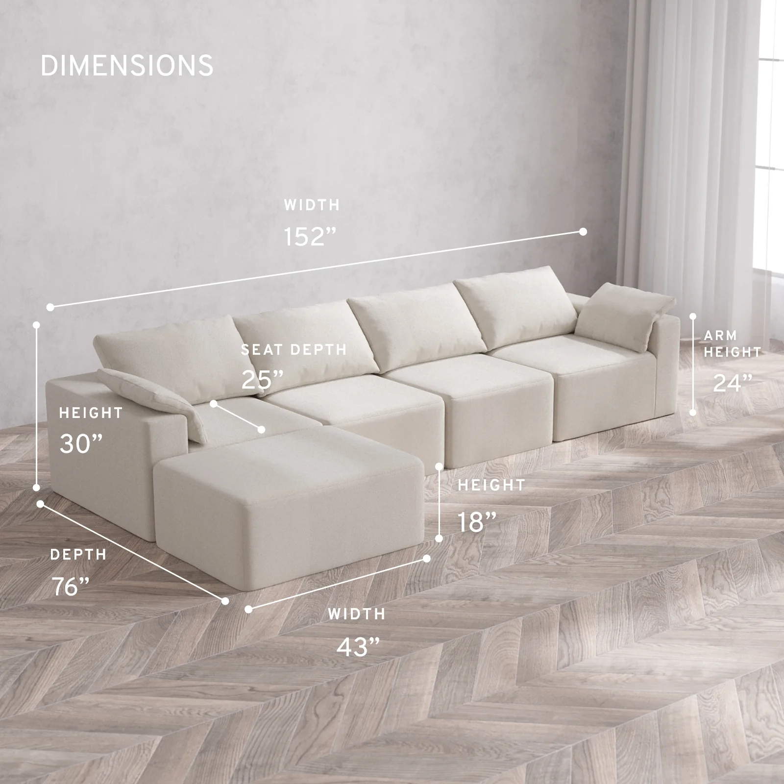 Modular Washable 4-Seater Chaise Sectional Cloud Sofa | Lux Weave in Pearl - Image 5