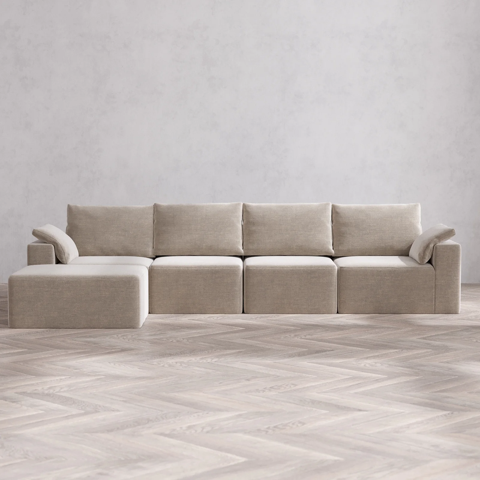 Modular Washable 4-Seater Chaise Sectional Cloud + Bolster Sofa | Satin Velvet in Caraway