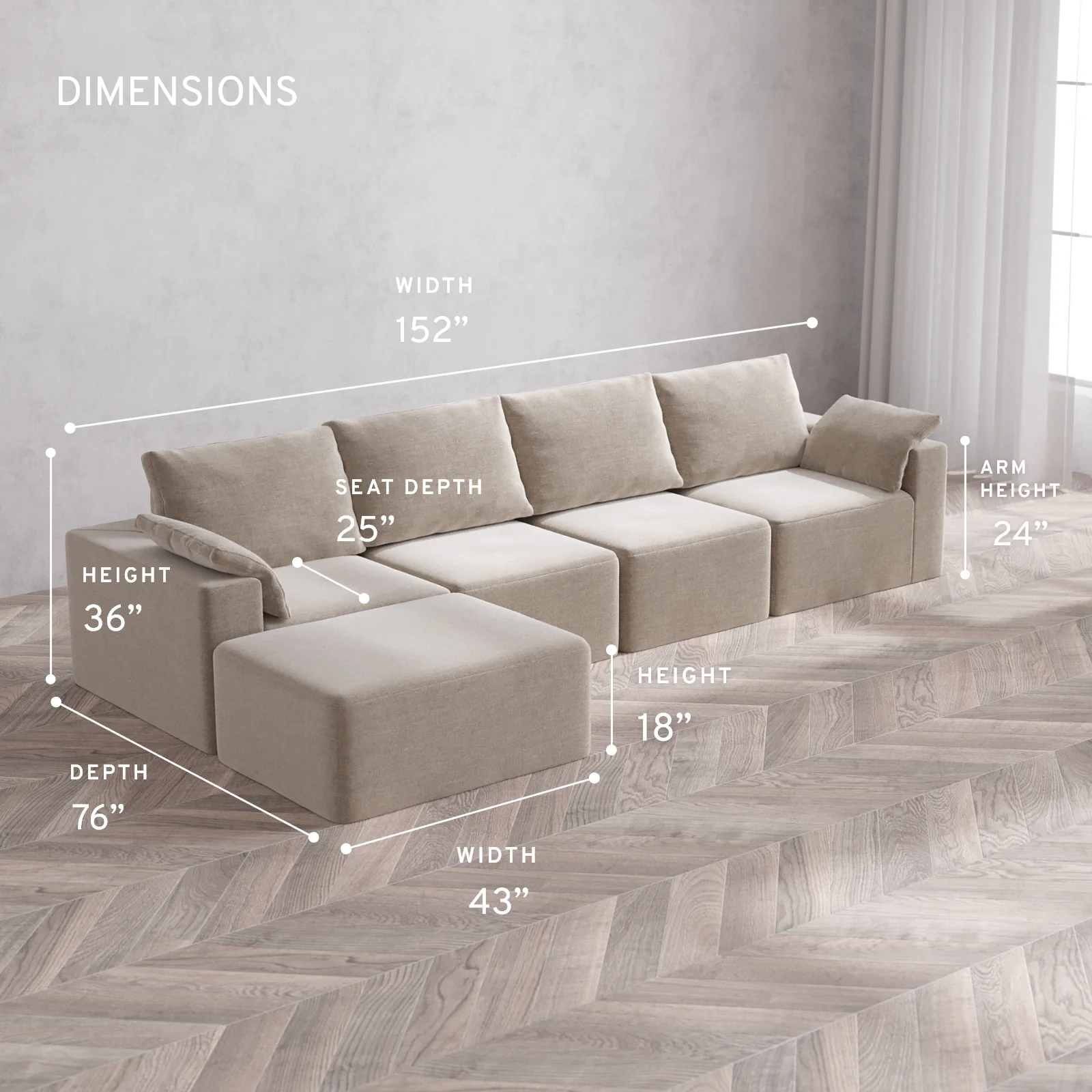 Modular Washable 4-Seater Chaise Sectional Cloud + Bolster Sofa | Satin Velvet in Caraway - Image 5