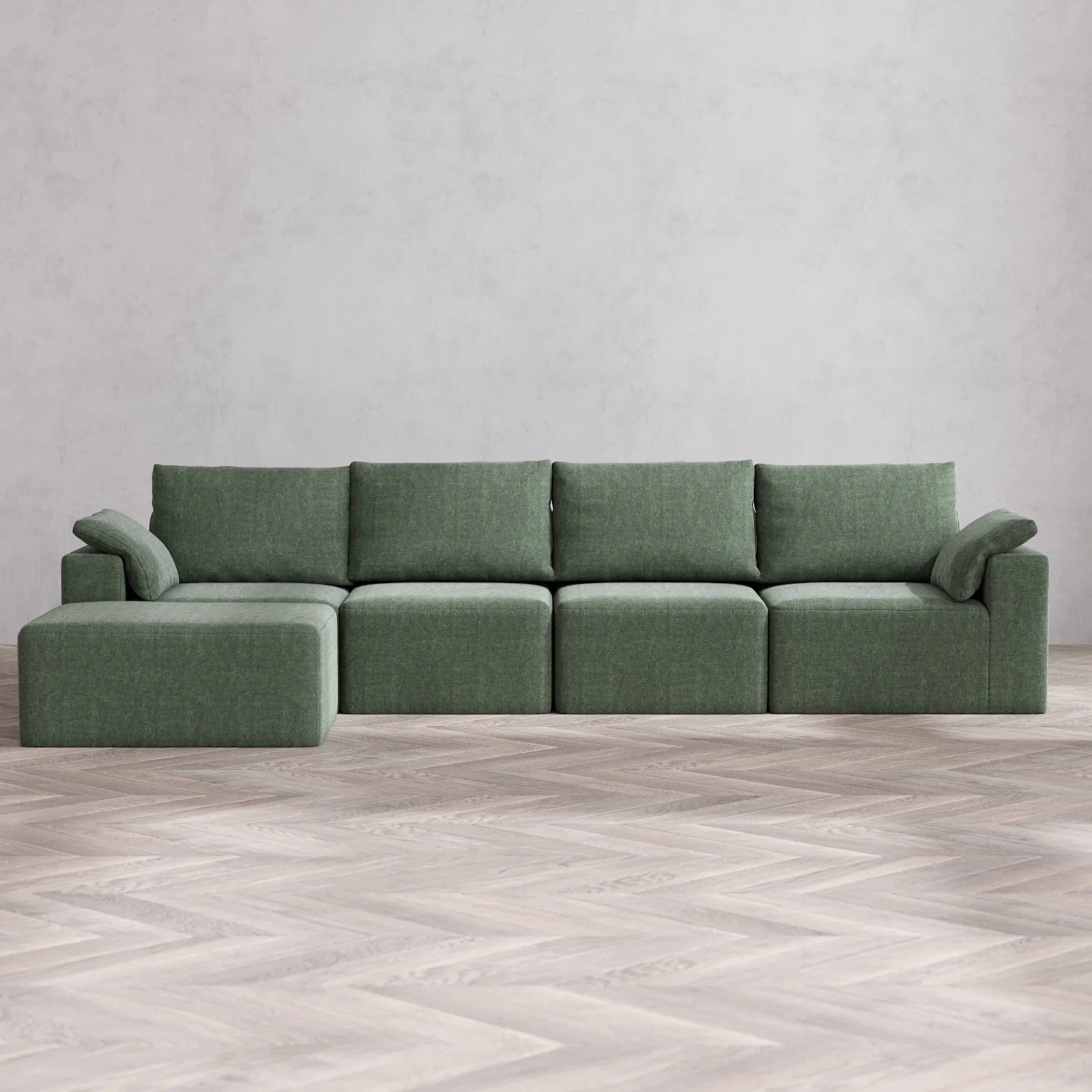 Modular Washable 4-Seater Chaise Sectional Cloud + Bolster Sofa | Heirloom Velvet in Sage