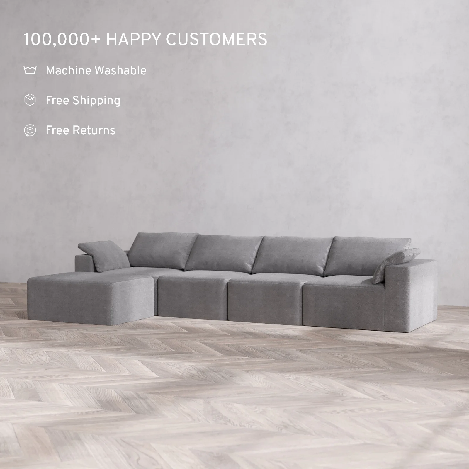 Modular Washable 4-Seater Chaise Sectional Cloud Sofa | Lux Weave in Slate - Image 2