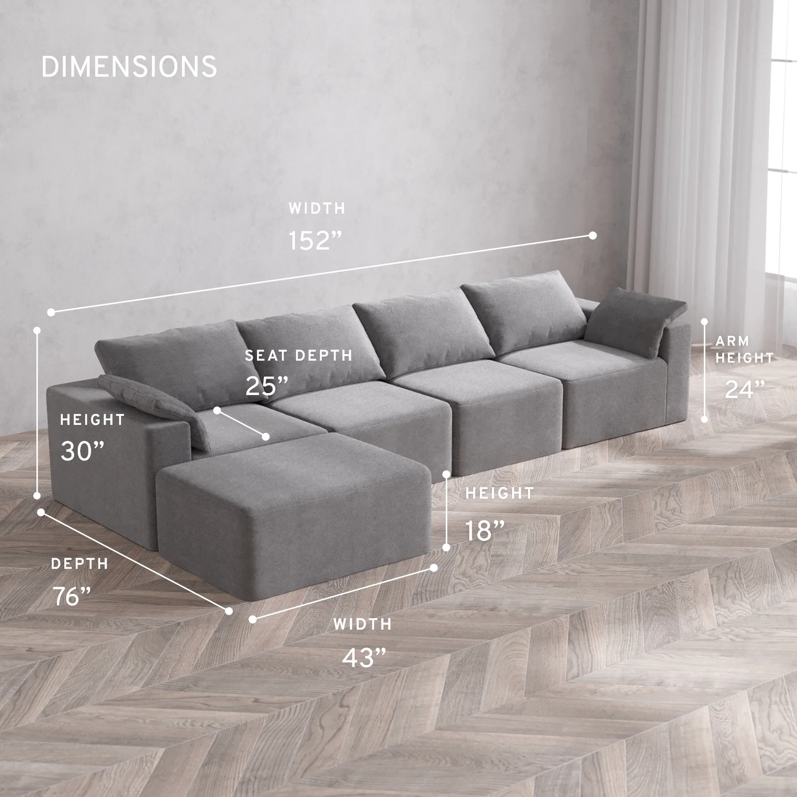 Modular Washable 4-Seater Chaise Sectional Cloud Sofa | Lux Weave in Slate - Image 5