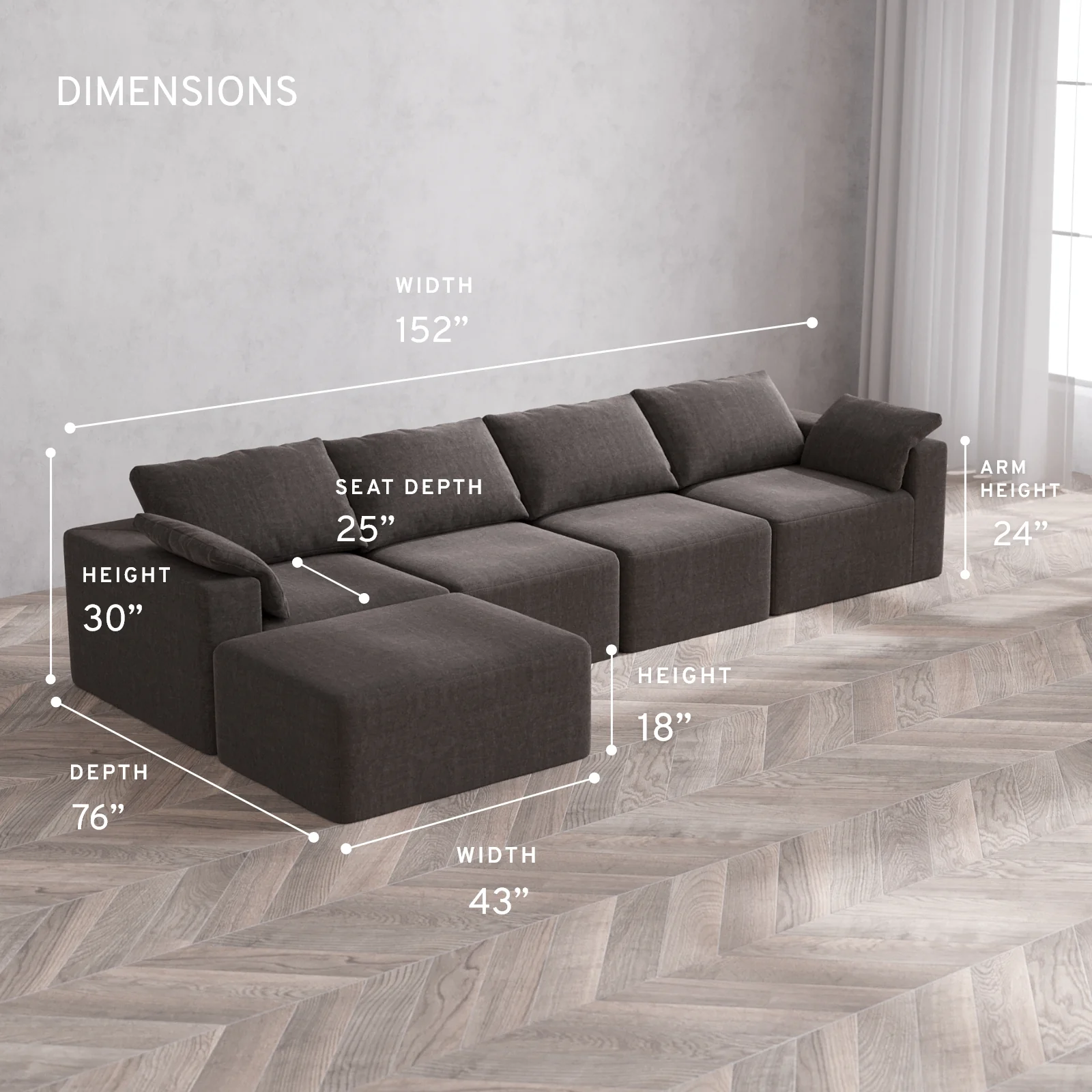 Modular Washable 4-Seater Chaise Sectional Cloud Sofa | Heirloom Velvet in Truffle - Image 5