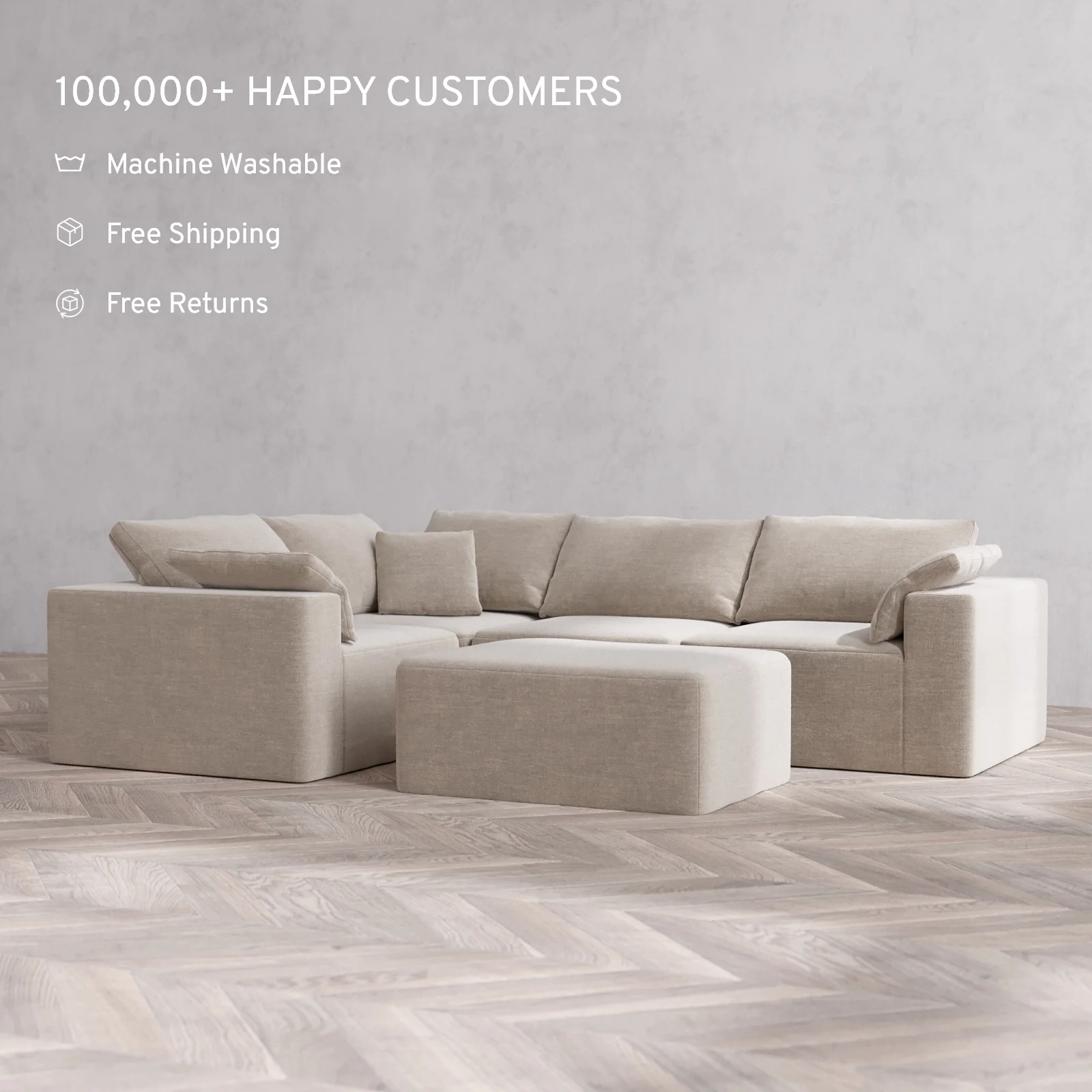 Modular Washable 4-Seater Corner Sectional + Chaise Ottoman Cloud Sofa | Satin Velvet in Caraway - Image 2