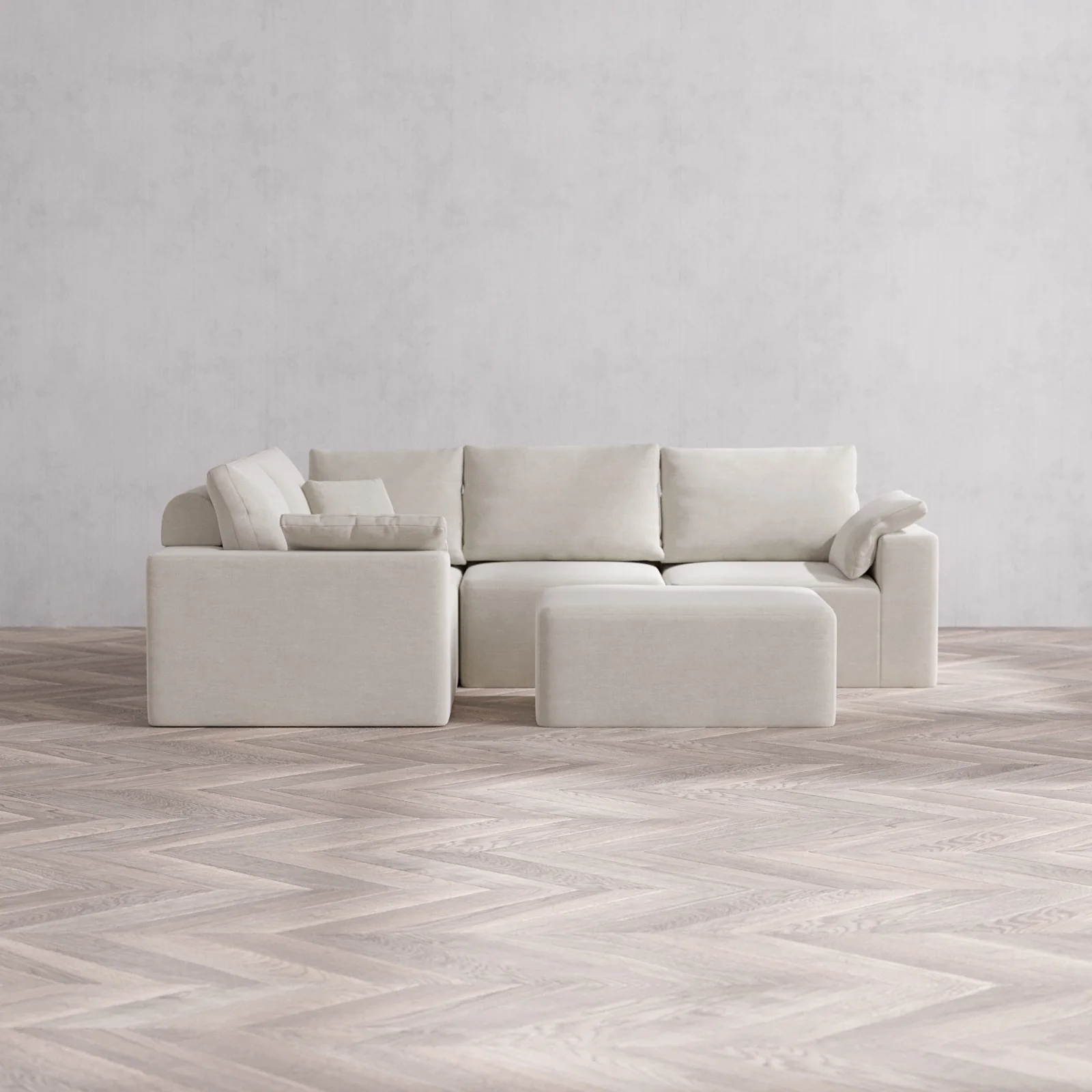 Modular Washable 4-Seater Corner Sectional + Chaise Ottoman Cloud + Bolster Sofa | Satin Velvet in Cashew