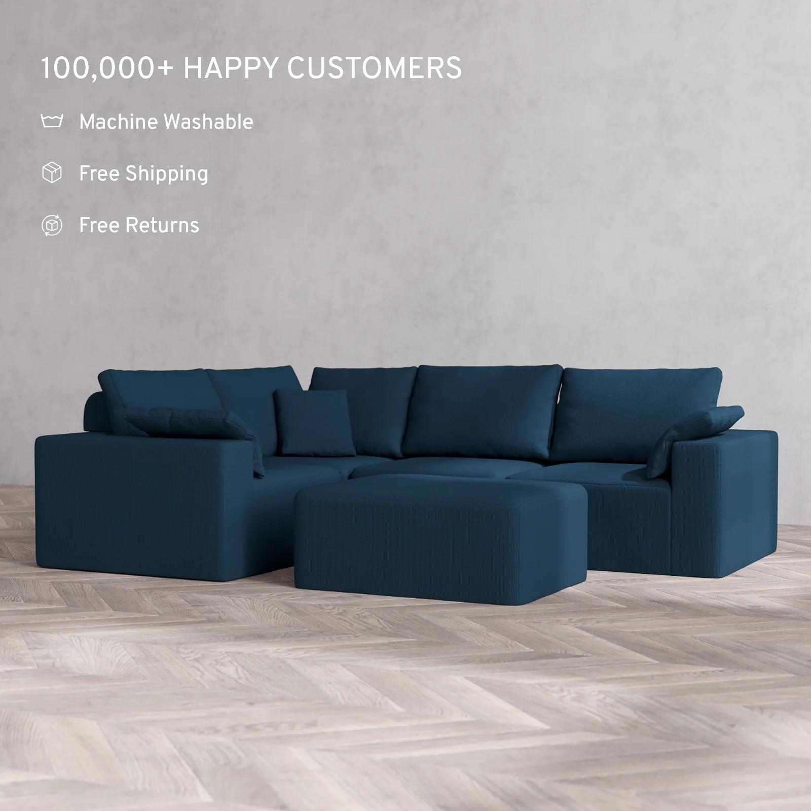Modular Washable 4-Seater Corner Sectional + Chaise Ottoman Cloud + Bolster Sofa | Arden Weave in Lazuli - Image 2