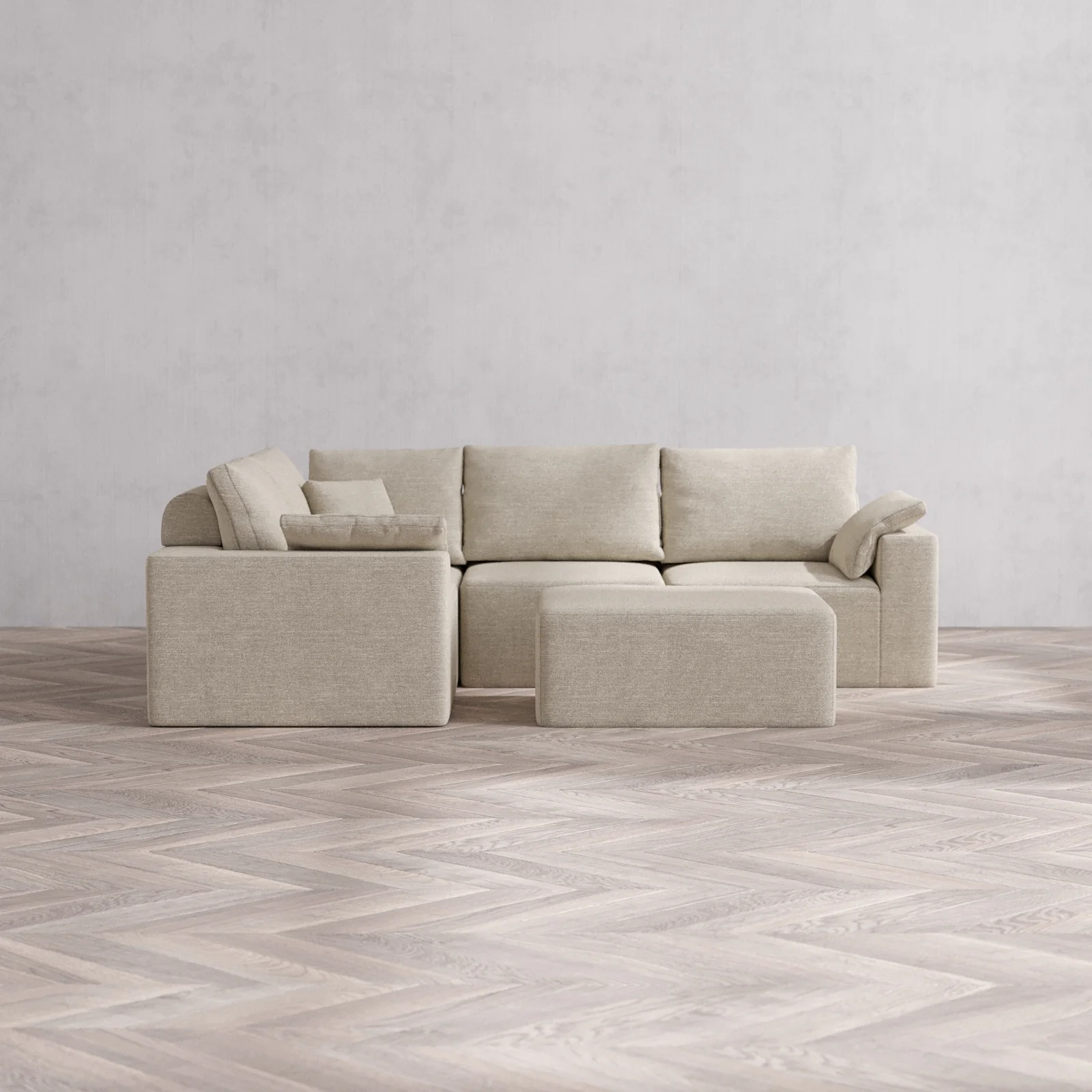 Modular Washable 4-Seater Corner Sectional + Chaise Ottoman Cloud + Bolster Sofa | Plush Twill in Sandstone