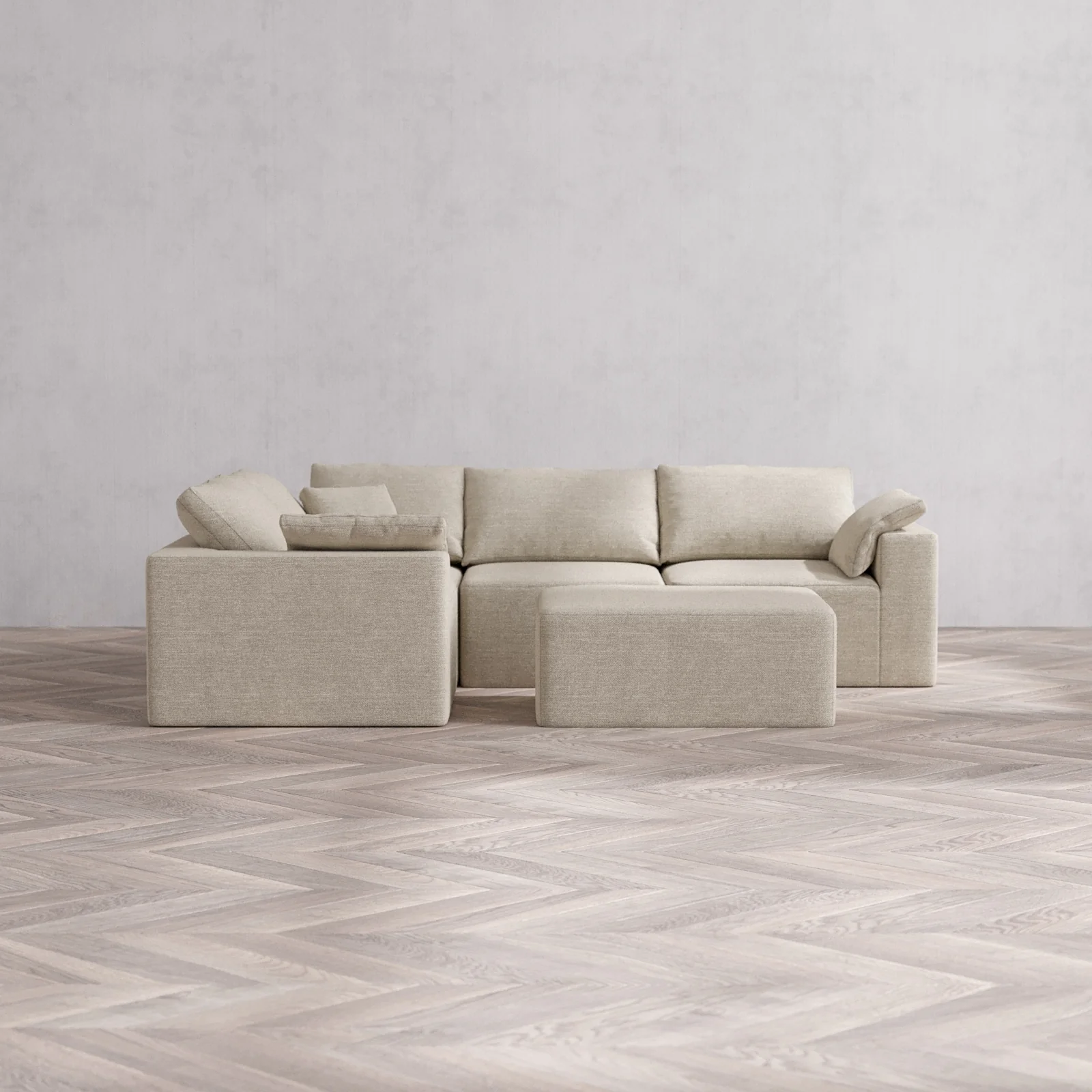 Modular Washable 4-Seater Corner Sectional + Chaise Ottoman Cloud Sofa | Plush Twill in Sandstone