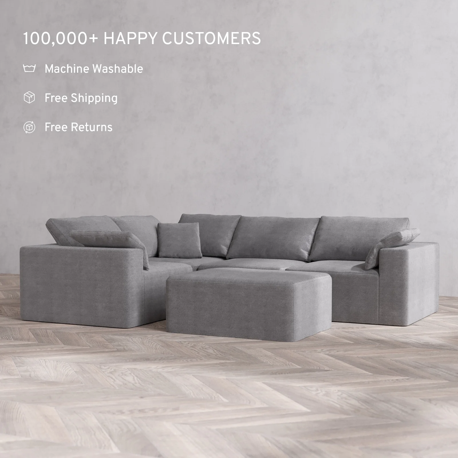 Modular Washable 4-Seater Corner Sectional + Chaise Ottoman Cloud Sofa | Lux Weave in Slate - Image 2
