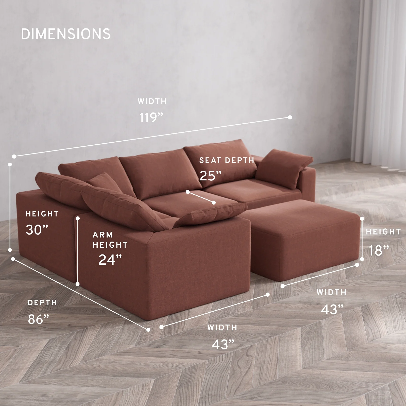 Modular Washable 4-Seater Corner Sectional + Chaise Ottoman Cloud Sofa | Heirloom Velvet in Sumac - Image 5
