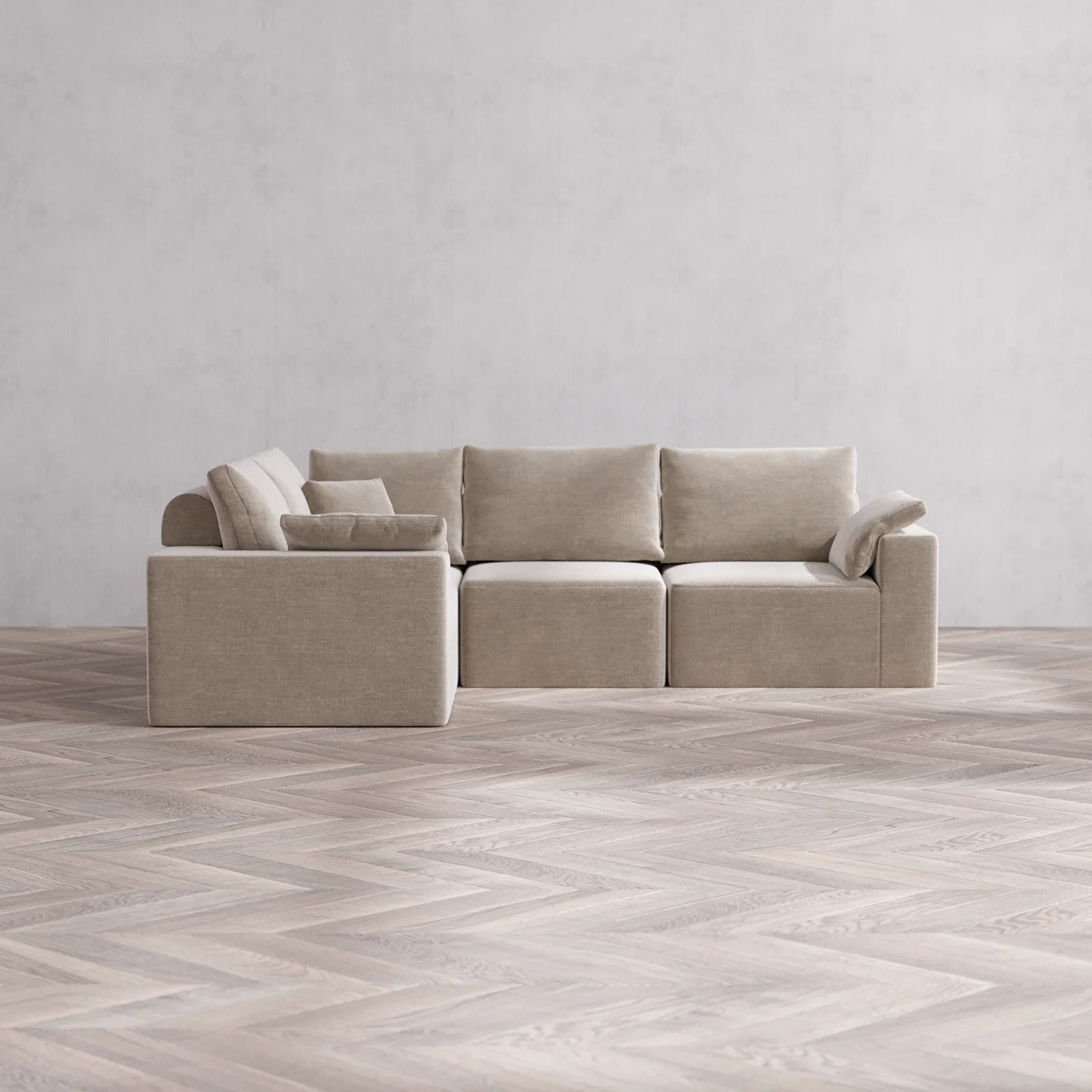 Modular Washable 4-Seater Corner Sectional Cloud + Bolster Sofa | Satin Velvet in Caraway