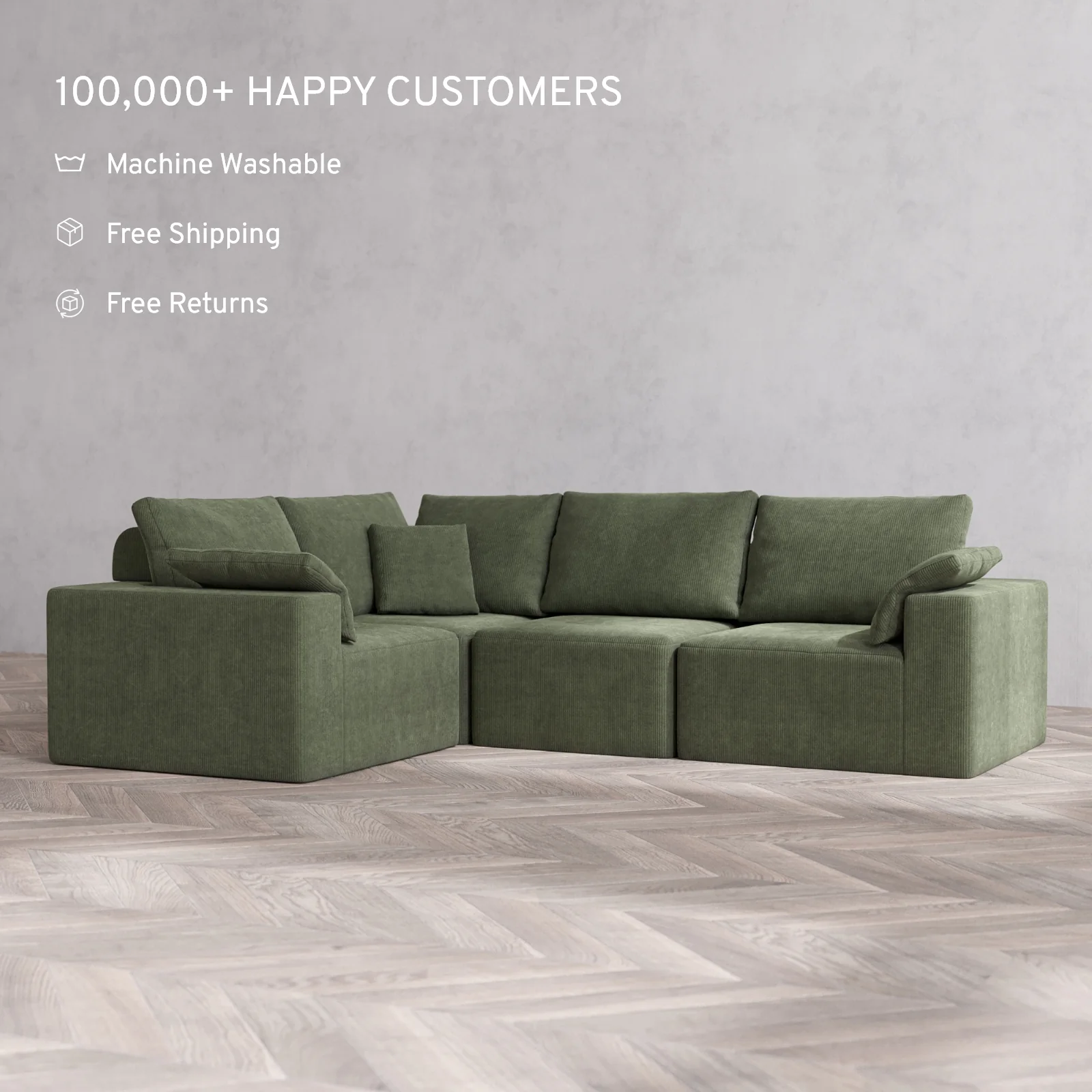 Modular Washable 4-Seater Corner Sectional Cloud + Bolster Sofa | Luxe Corduroy in Juniper - Image 2