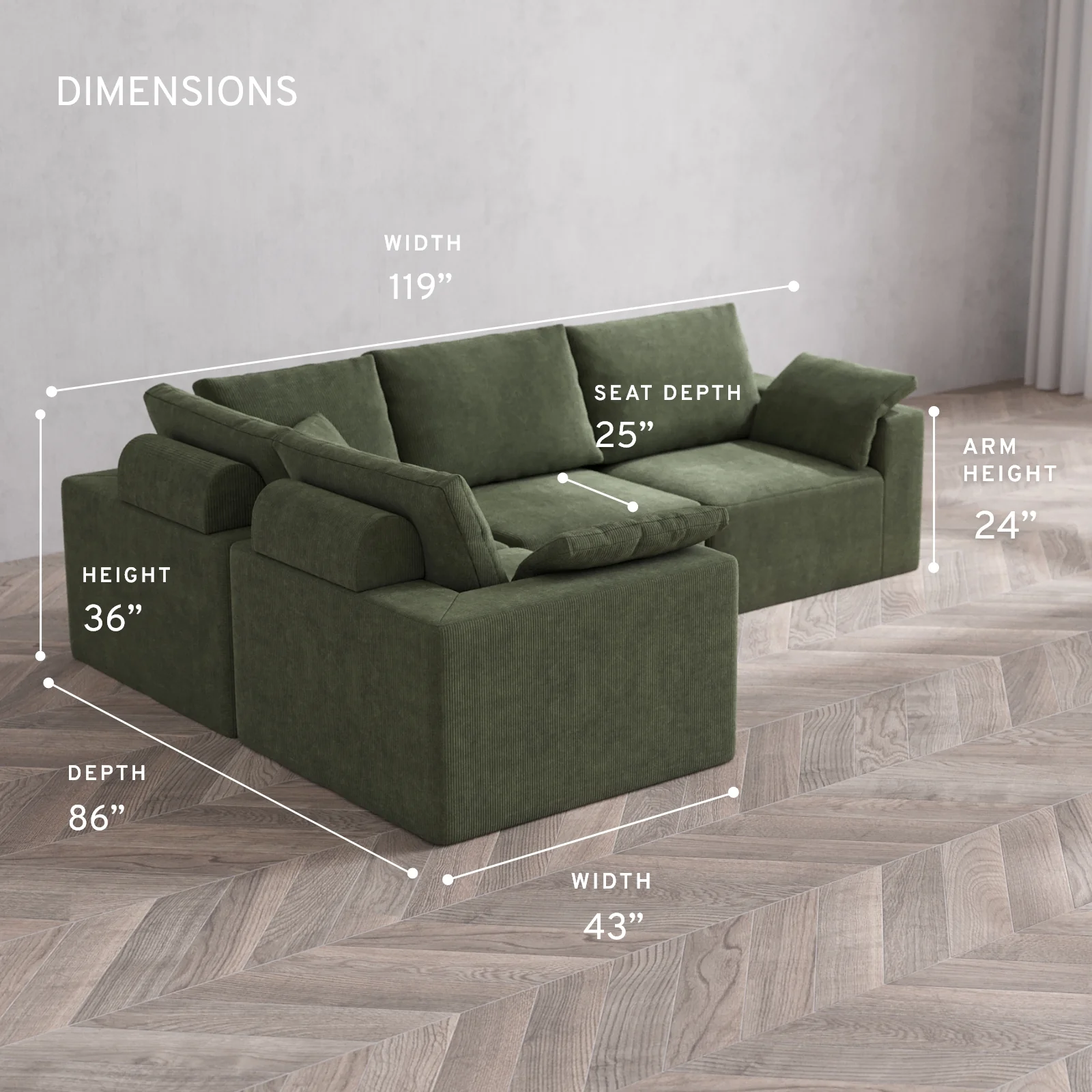 Modular Washable 4-Seater Corner Sectional Cloud + Bolster Sofa | Luxe Corduroy in Juniper - Image 5