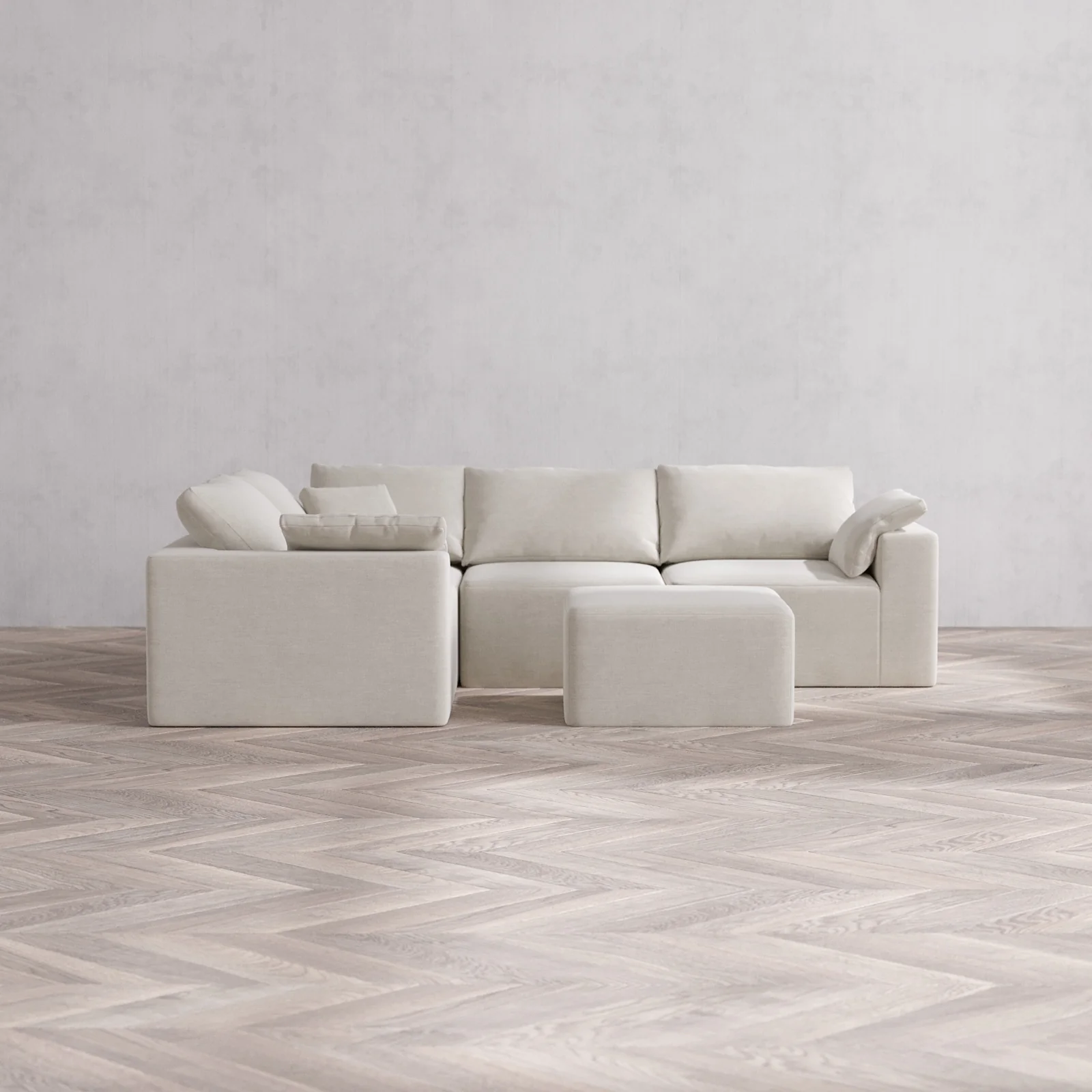 Modular Washable 4-Seater Corner Sectional + Ottoman Cloud Sofa | Satin Velvet in Cashew