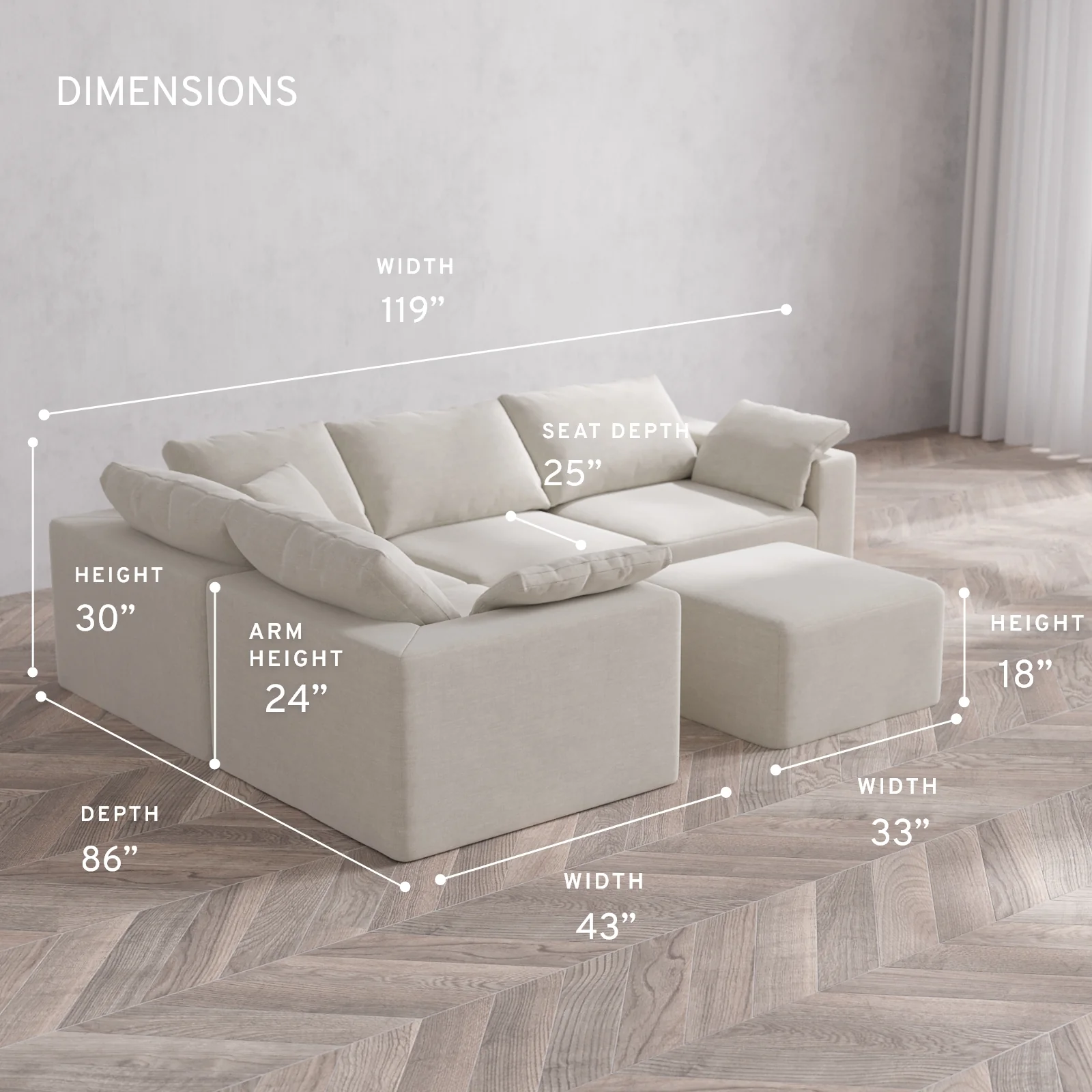 Modular Washable 4-Seater Corner Sectional + Ottoman Cloud Sofa | Satin Velvet in Cashew - Image 5
