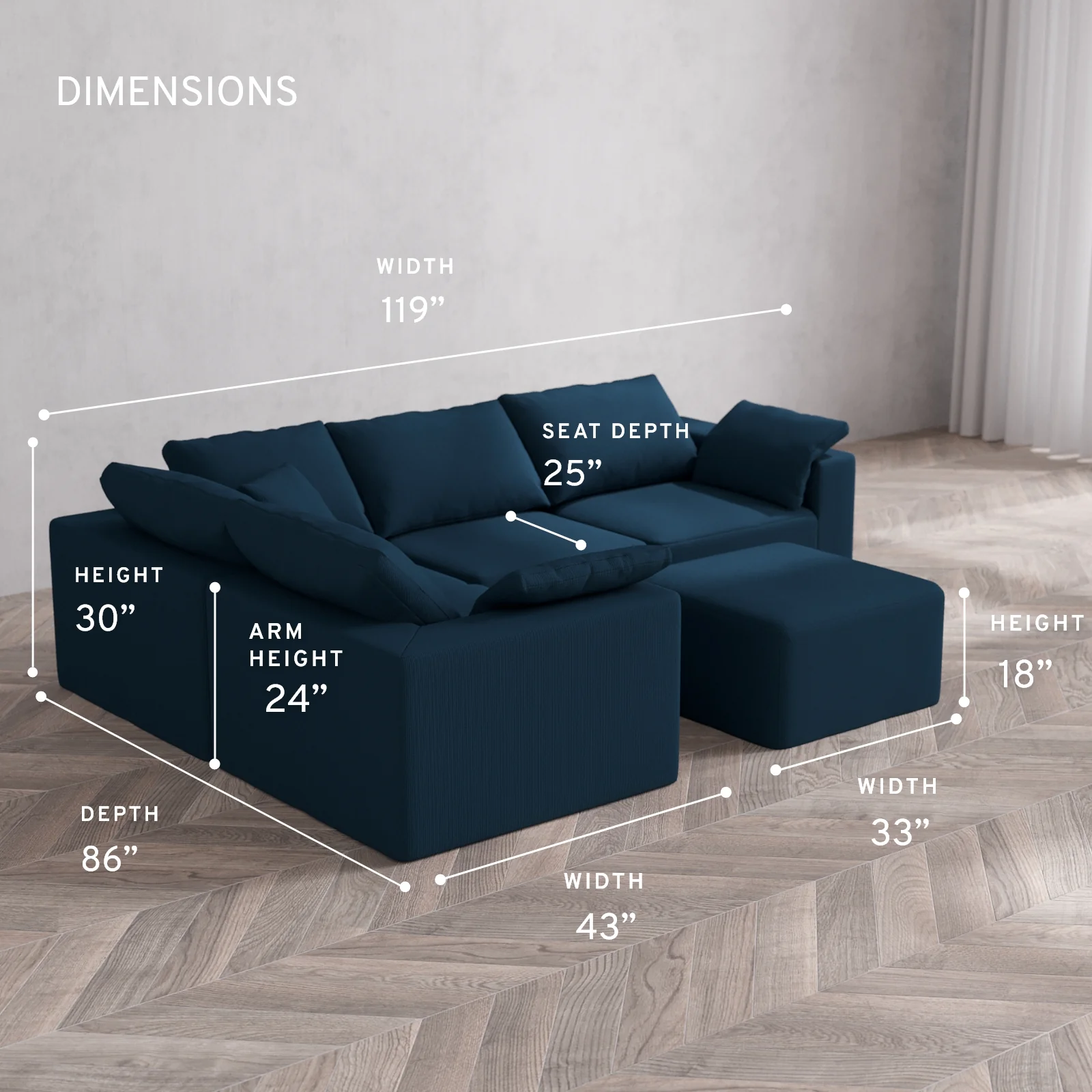 Modular Washable 4-Seater Corner Sectional + Ottoman Cloud Sofa | Arden Weave in Lazuli - Image 5