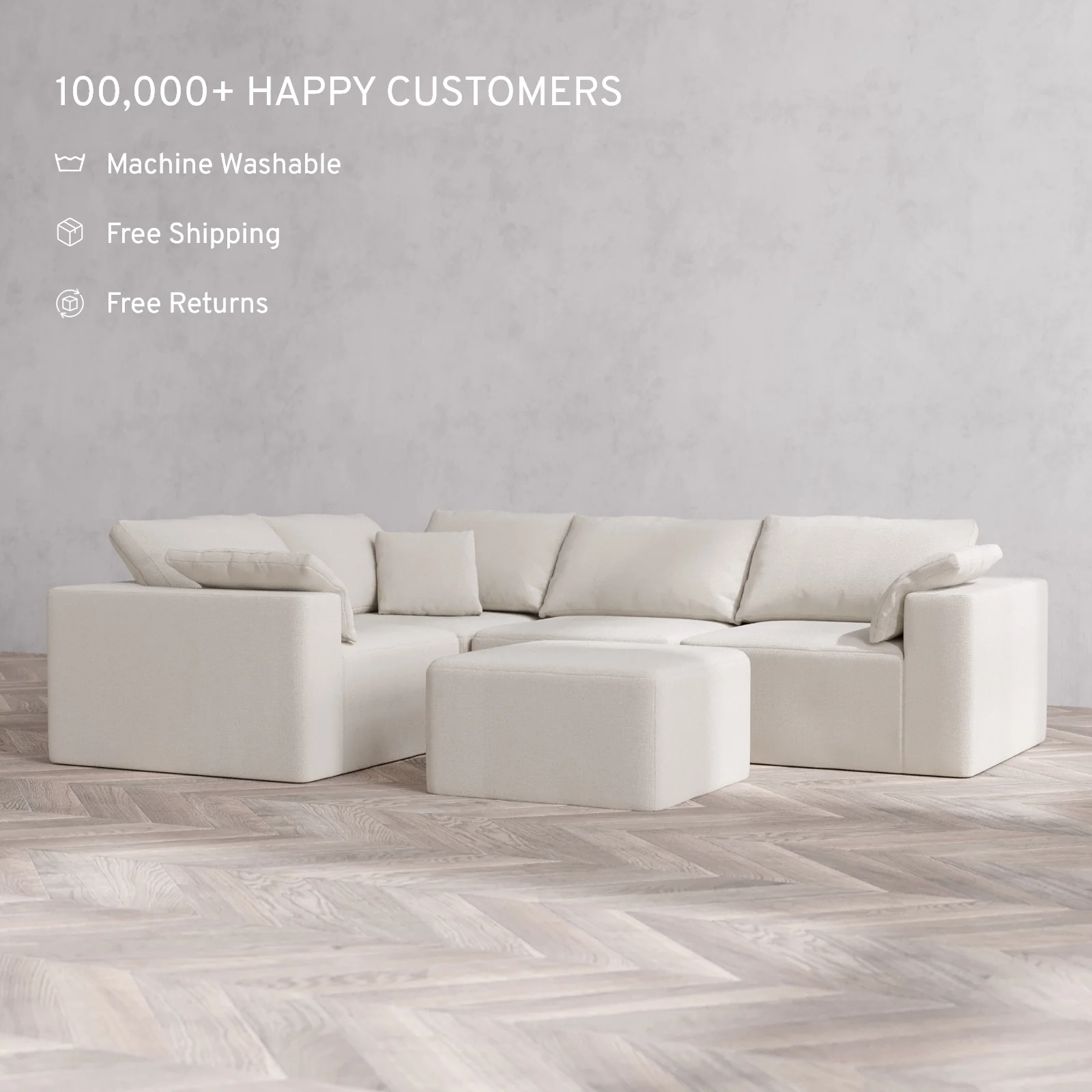 Modular Washable 4-Seater Corner Sectional + Ottoman Cloud Sofa | Lux Weave in Pearl - Image 2