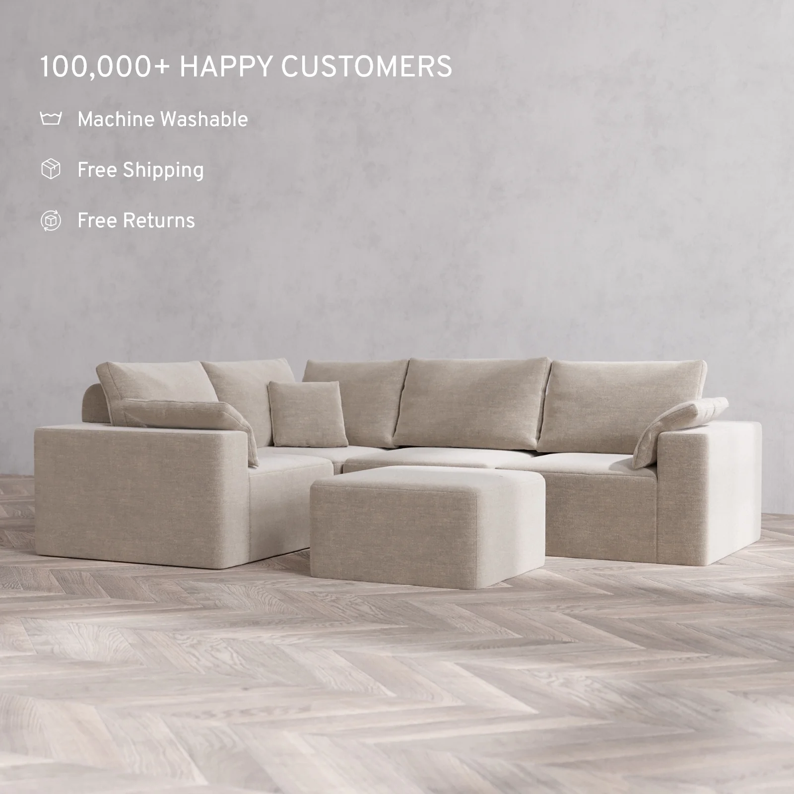 Modular Washable 4-Seater Corner Sectional + Ottoman Cloud + Bolster Sofa | Satin Velvet in Caraway - Image 2