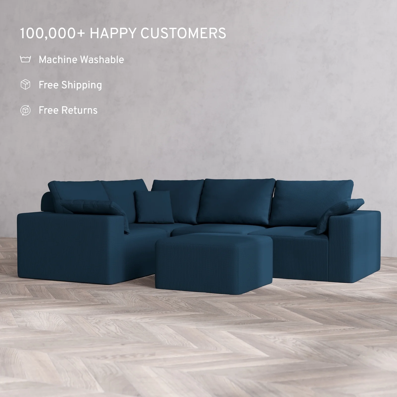 Modular Washable 4-Seater Corner Sectional + Ottoman Cloud + Bolster Sofa | Arden Weave in Lazuli - Image 2