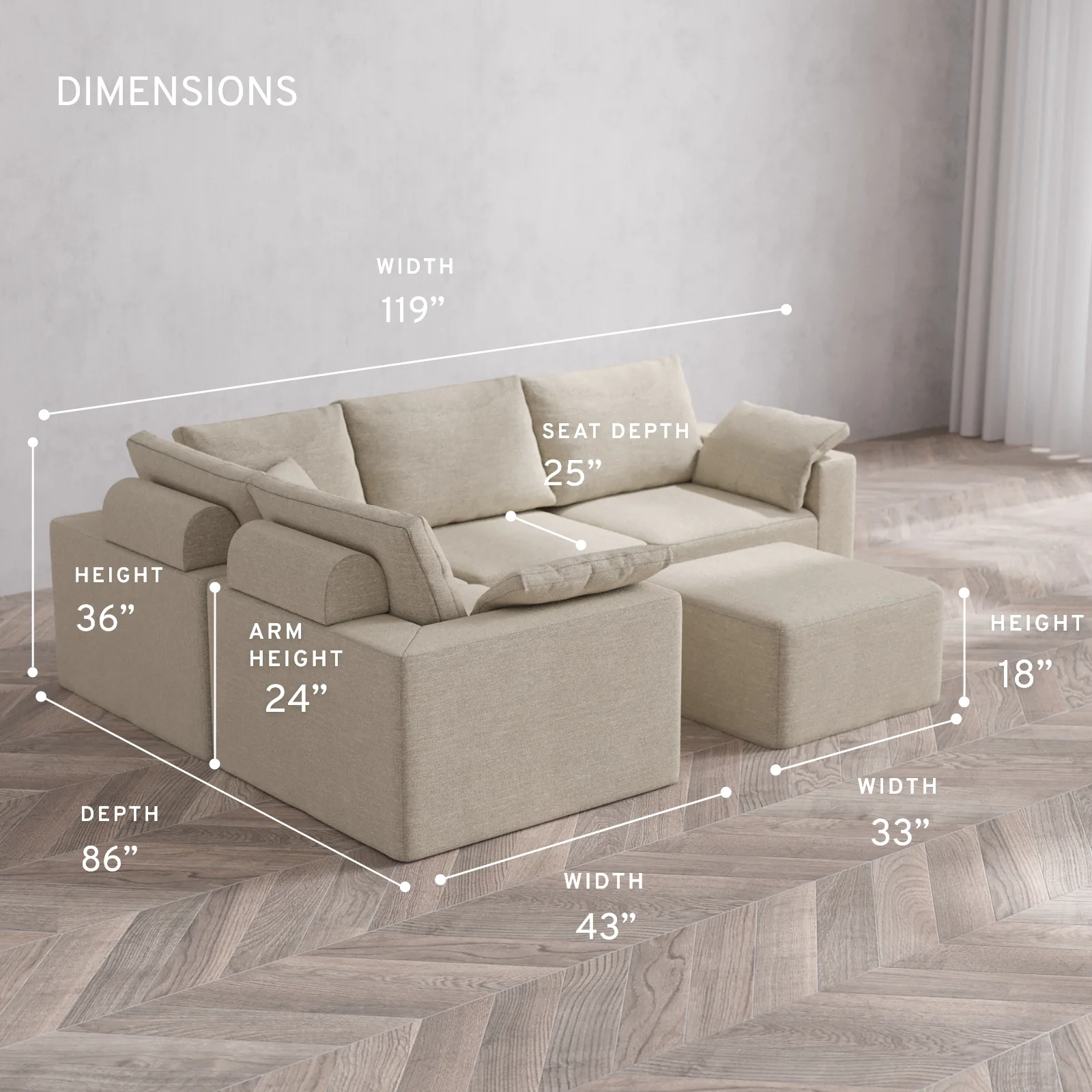 Modular Washable 4-Seater Corner Sectional + Ottoman Cloud + Bolster Sofa | Plush Twill in Sandstone - Image 5
