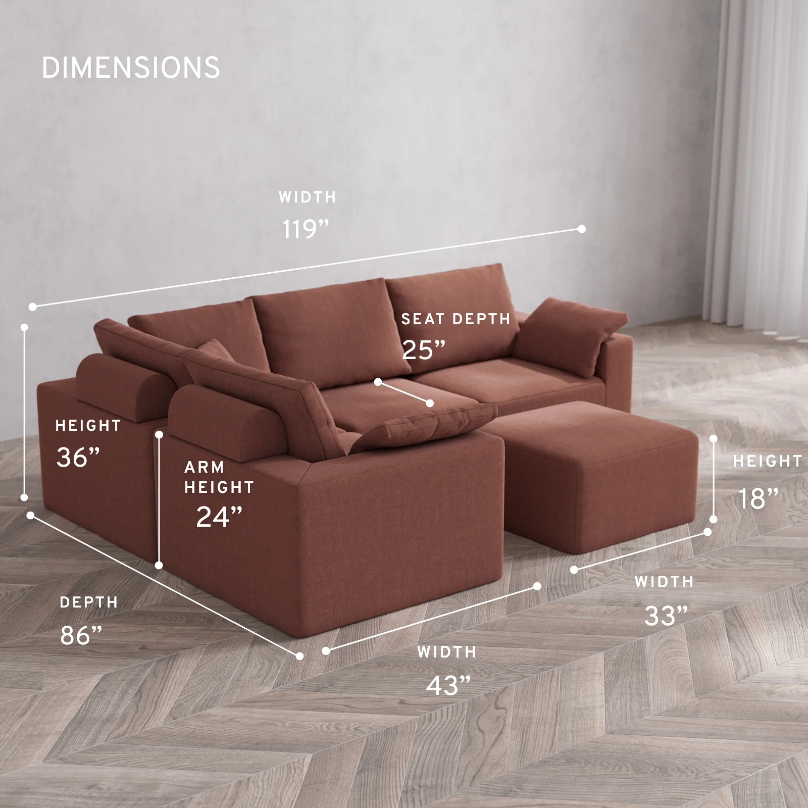 Modular Washable 4-Seater Corner Sectional + Ottoman Cloud Sofa | Heirloom Velvet in Sumac - Image 5