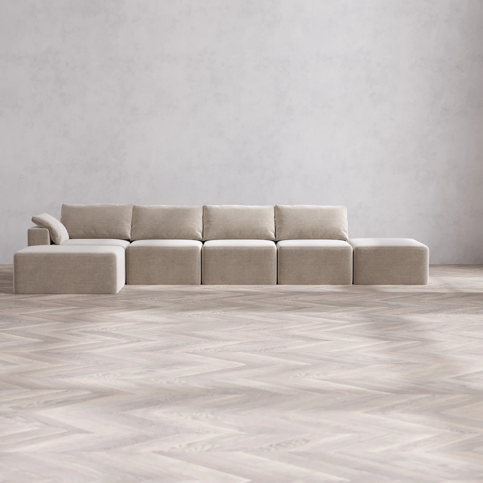 Modular Washable 4-Seater Open End Chaise Sectional Cloud Sofa | Left-Facing Arm | Satin Velvet in Caraway