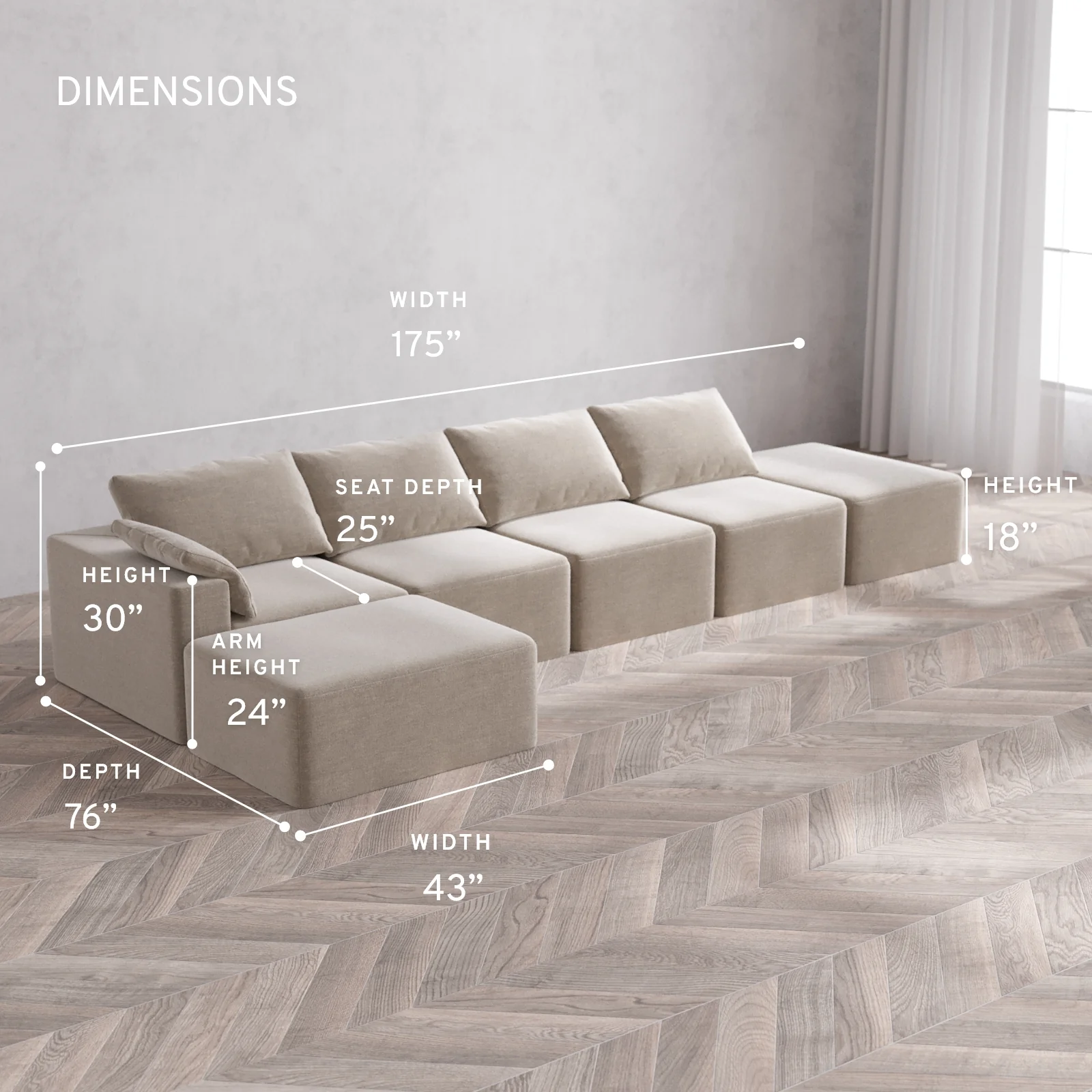 Modular Washable 4-Seater Open End Chaise Sectional Cloud Sofa | Left-Facing Arm | Satin Velvet in Caraway - Image 5