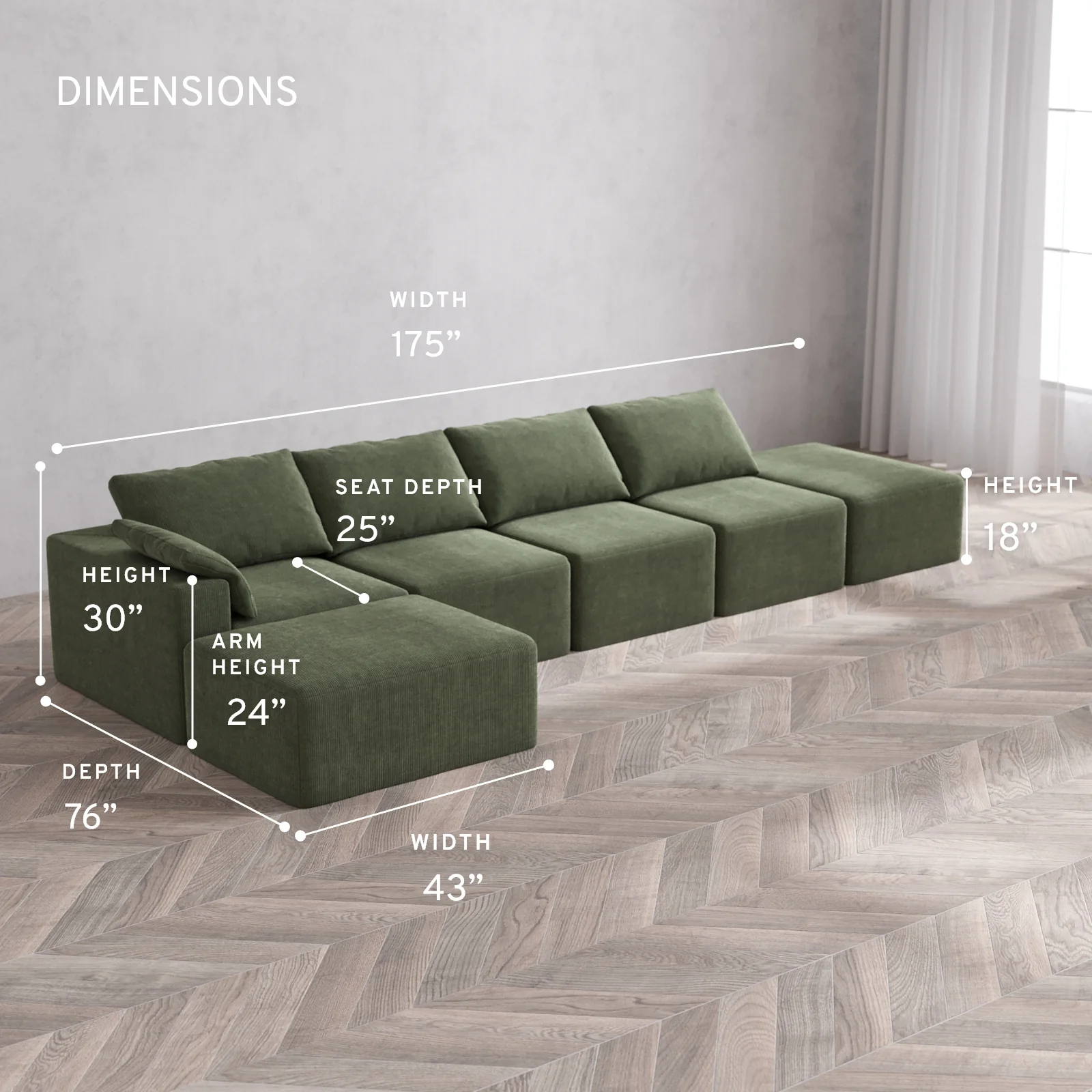 Modular Washable 4-Seater Open End Chaise Sectional Cloud Sofa | Left-Facing Arm | Luxe Corduroy in Juniper - Image 5