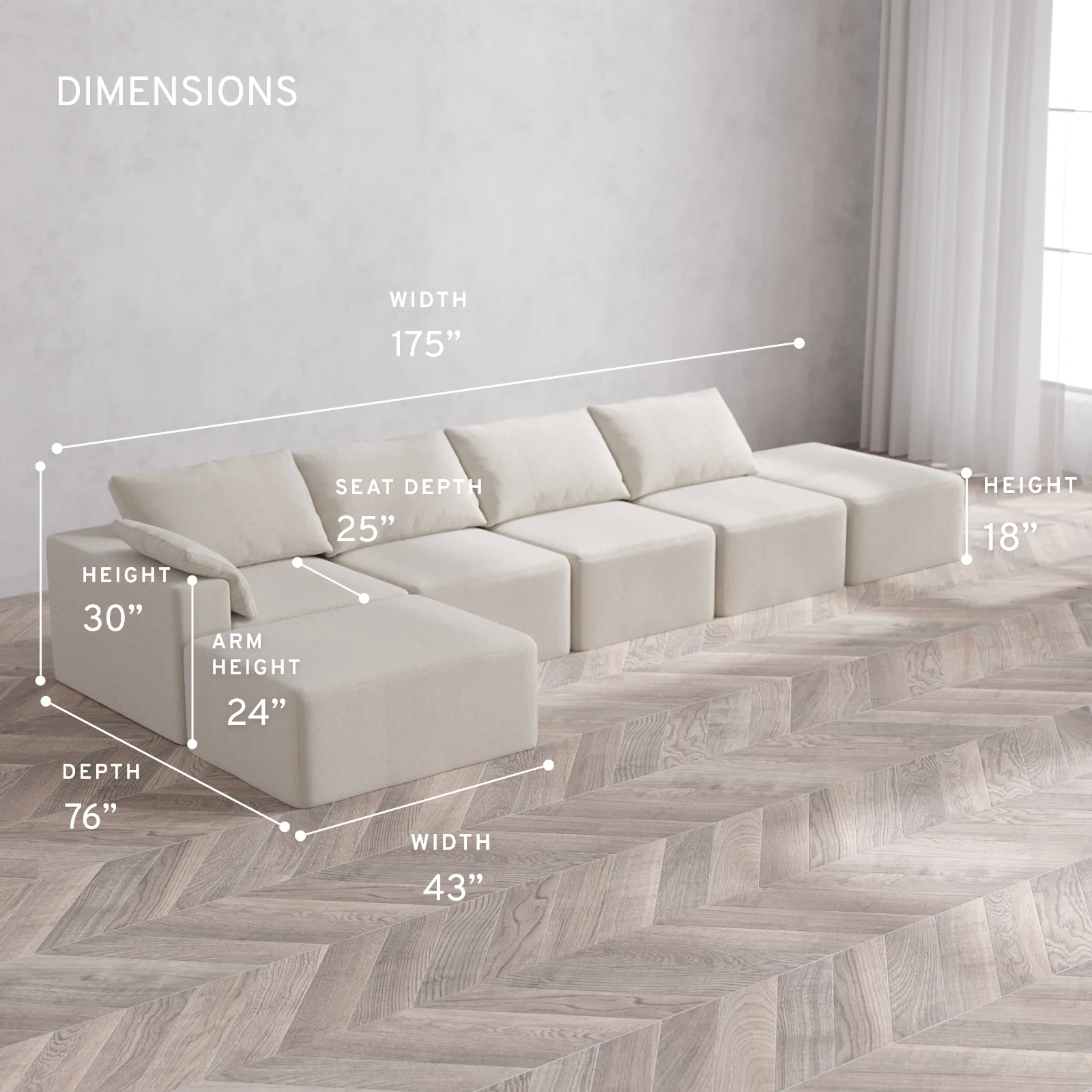 Modular Washable 4-Seater Open End Chaise Sectional Cloud Sofa | Left-Facing Arm | Lux Weave in Pearl - Image 5