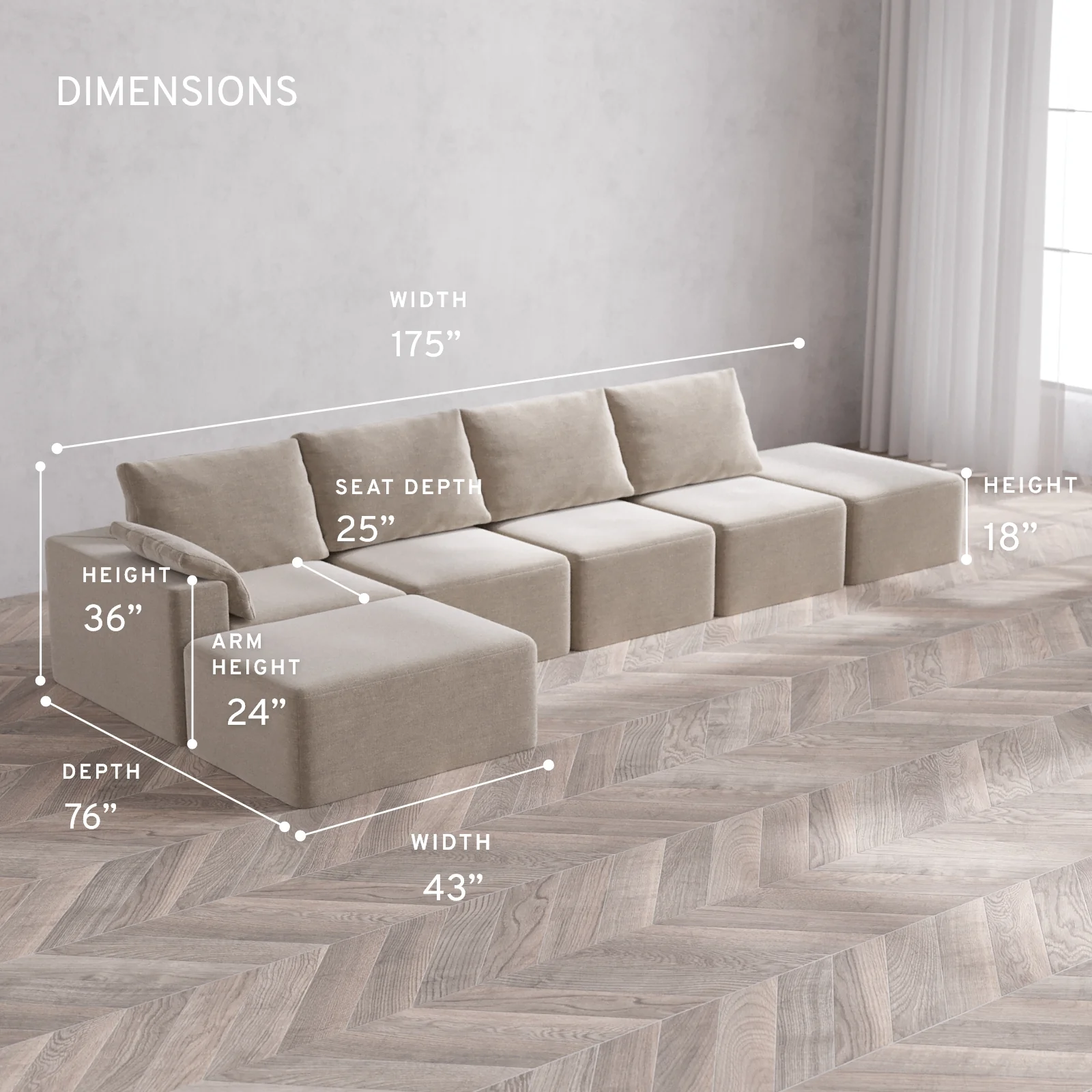 Modular Washable 4-Seater Open End Chaise Sectional Cloud + Bolster Sofa | Left-Facing Arm | Satin Velvet in Caraway - Image 5